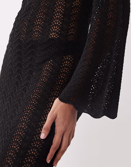 Mango crochet knit long sleeve maxi dress in black