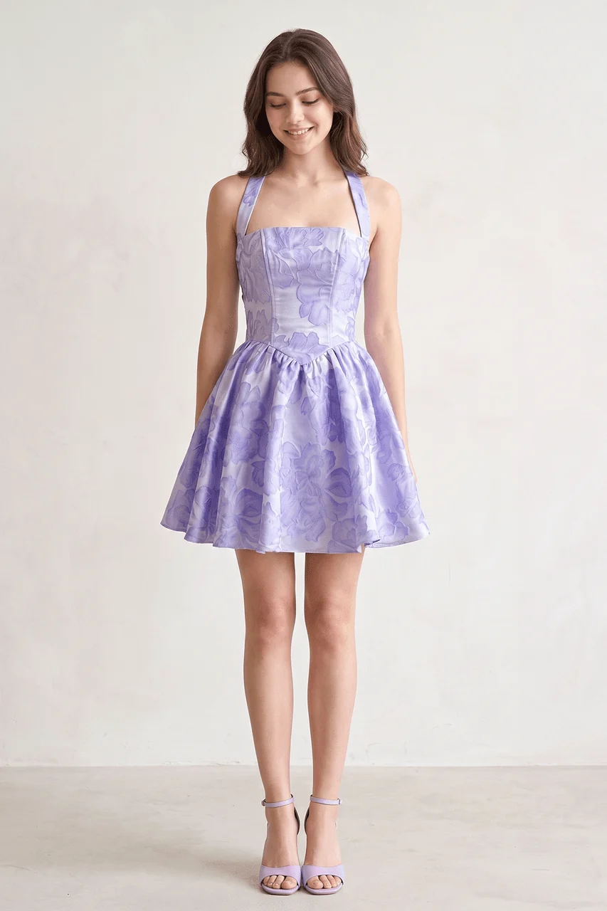 Yellow Halter Jacquard Ruched A-Line Homecoming Dress