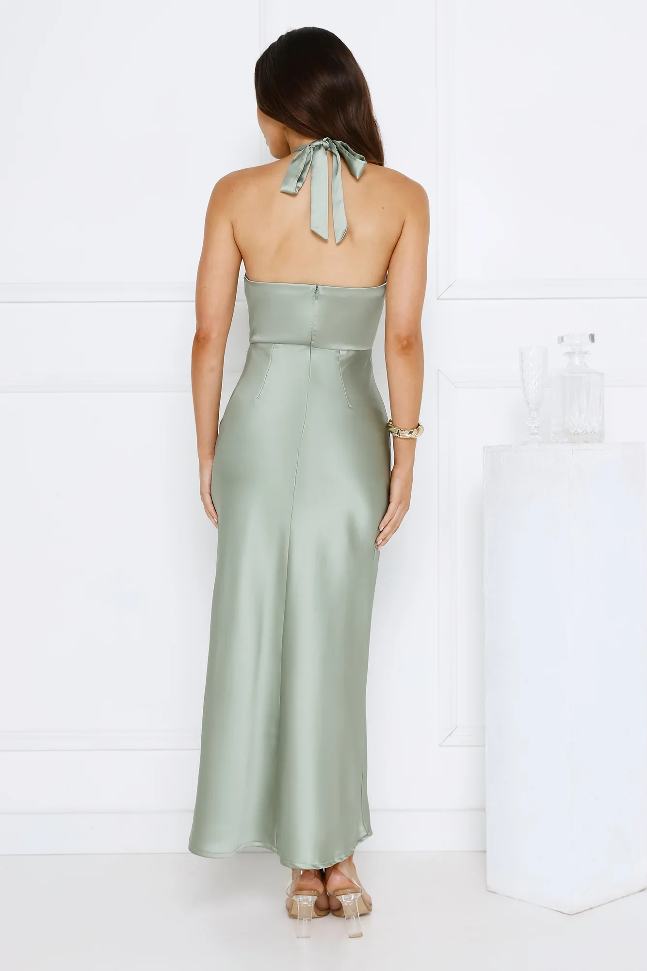 Essence of Style Halter Satin Maxi Dress Sage