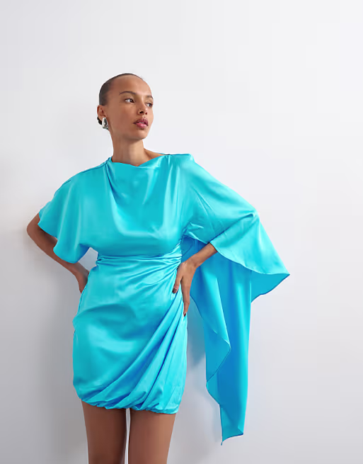 Topshop satin cape sleeve draped mini dress in electric blue