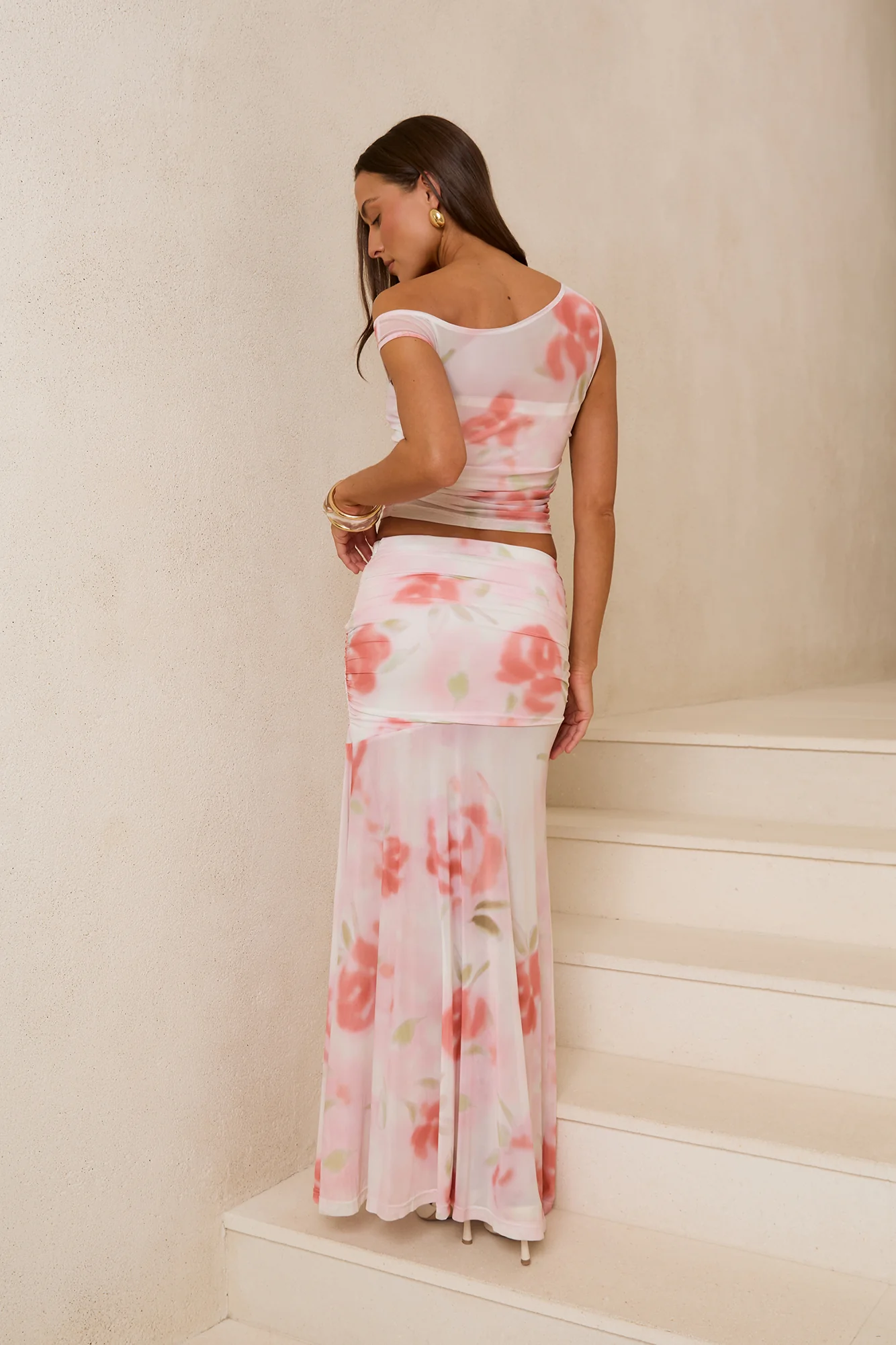 Rosebush Reverie Mesh Maxi Skirt Pink Print