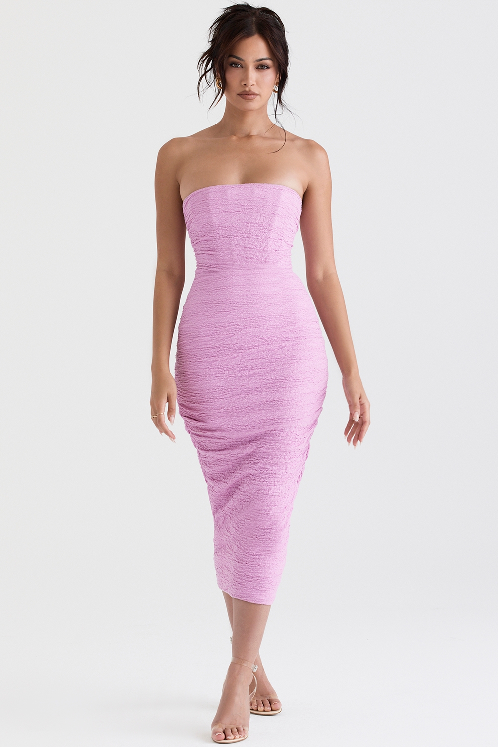 pink strapless corset midi dress