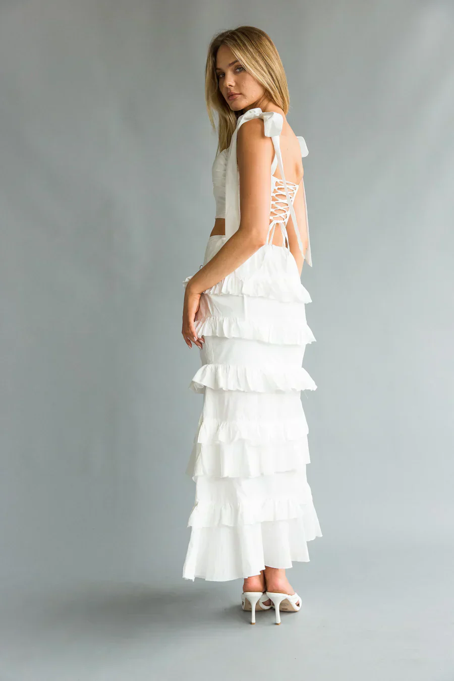 Dawn Bow Strap Bustier Top + Tiered Ruffle Skirt Set - luluinthesky