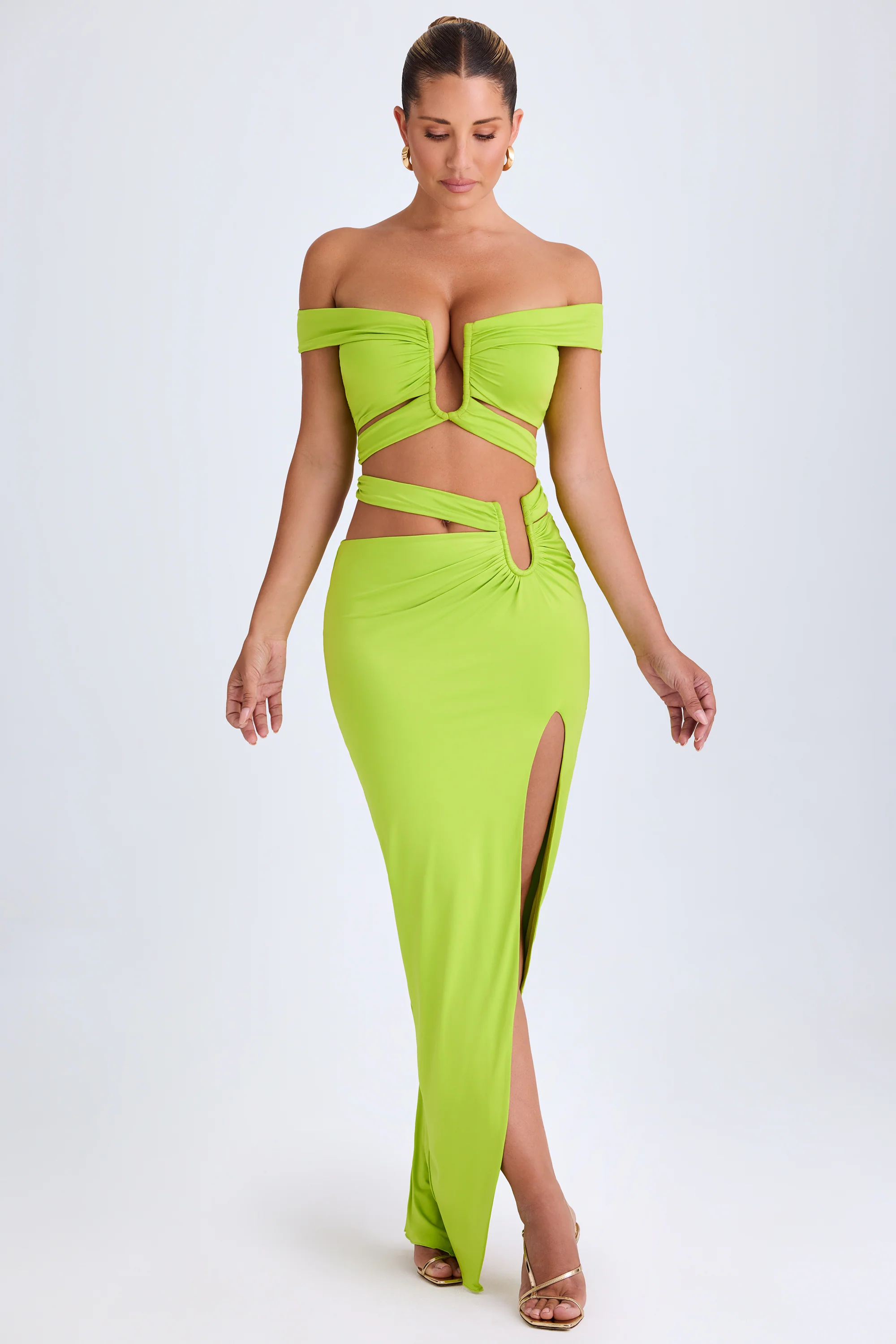 Asymmetric Cut-Out Maxi Skirt in Lime Green