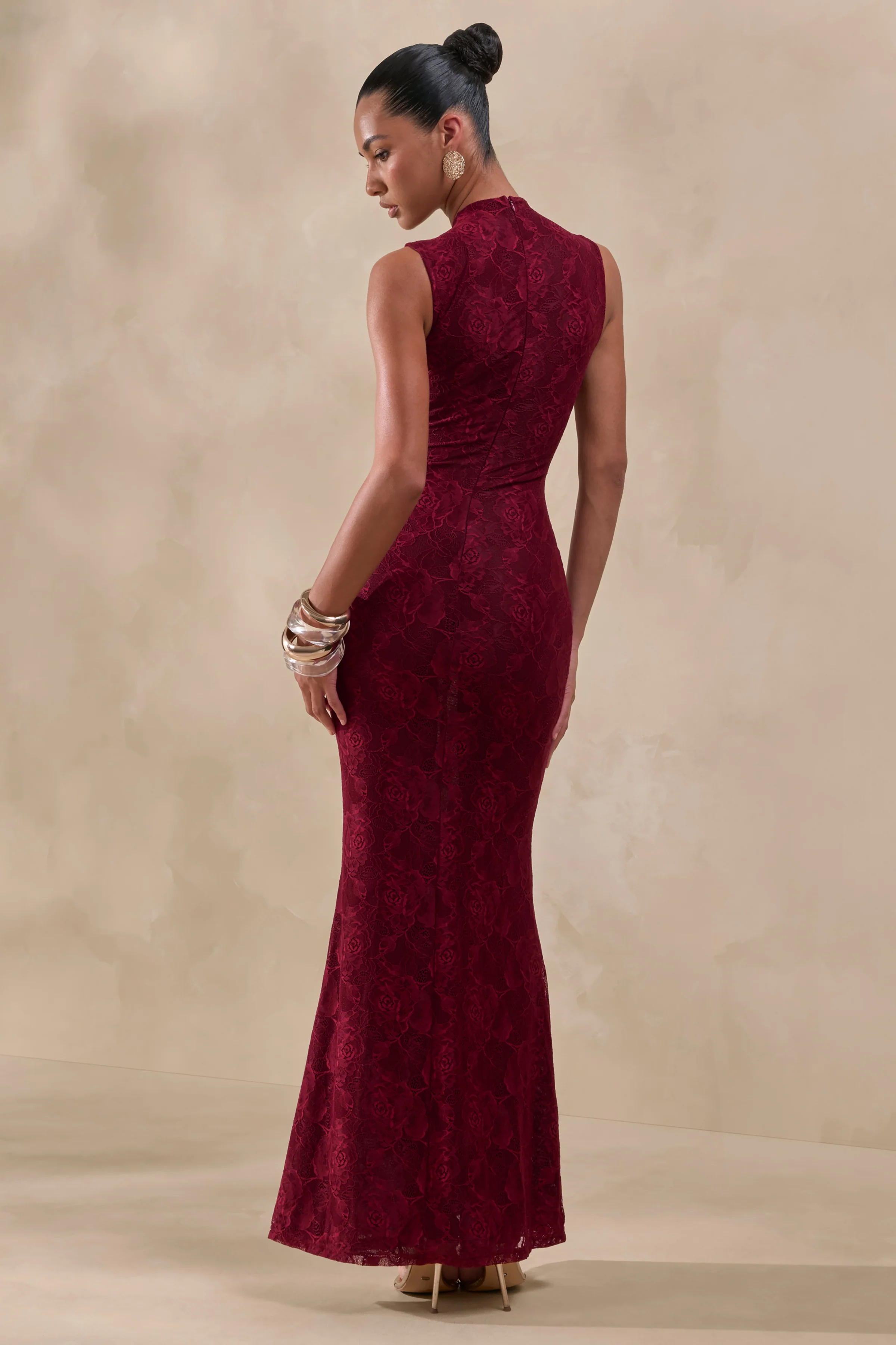 Ravissa | Burgundy Lace High-Neck Maxi Dress