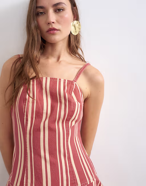 Topshop denim barrel maxi dress in red stripe