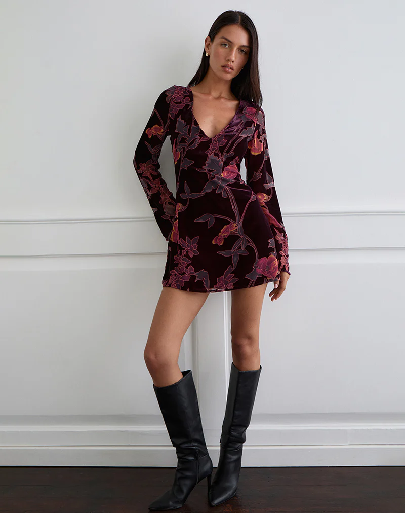 Alitra Mini Dress in Floral Devore Burgundy