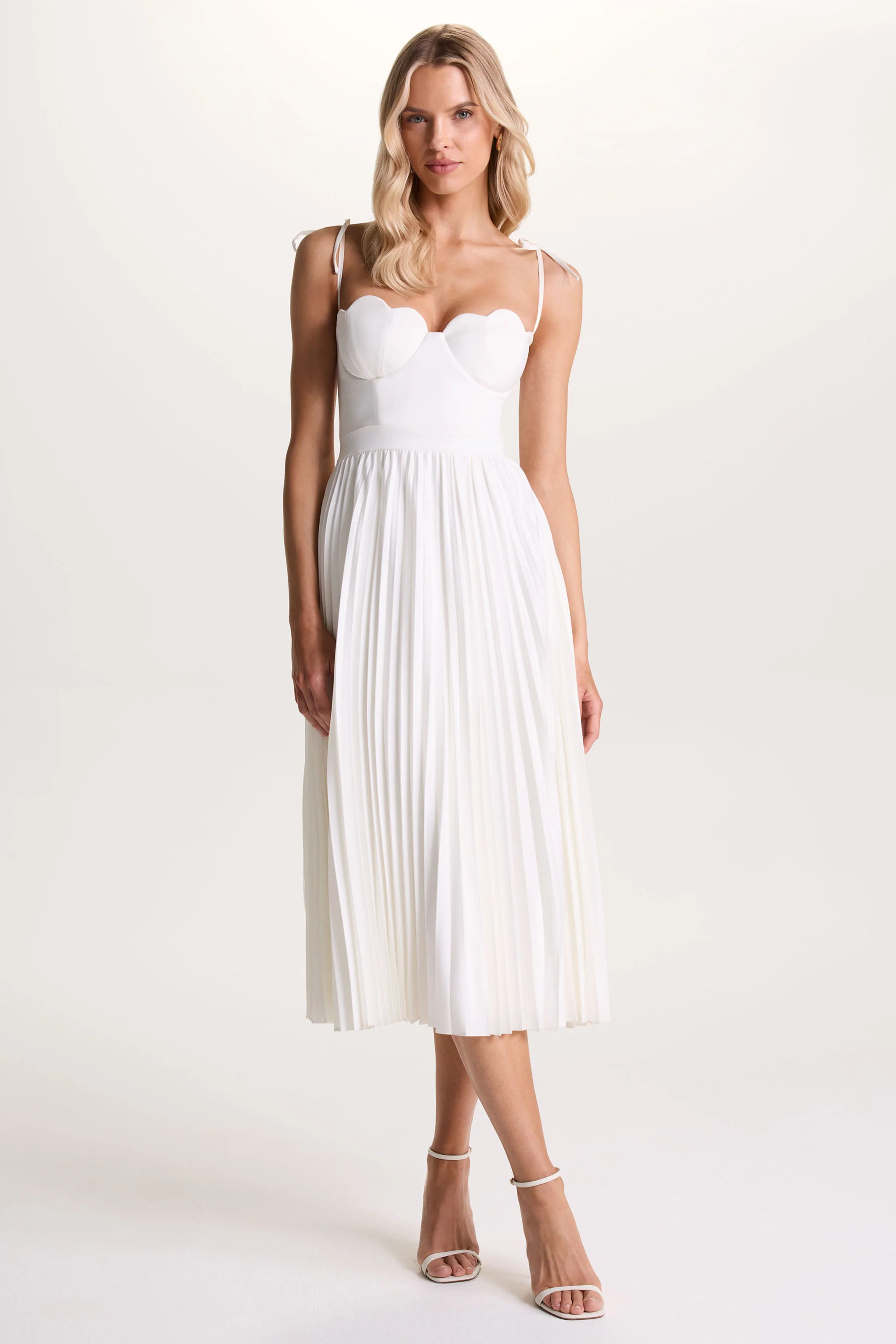 Agua | Cream Satin Sweetheart Midi Dress With Pleated Skirt