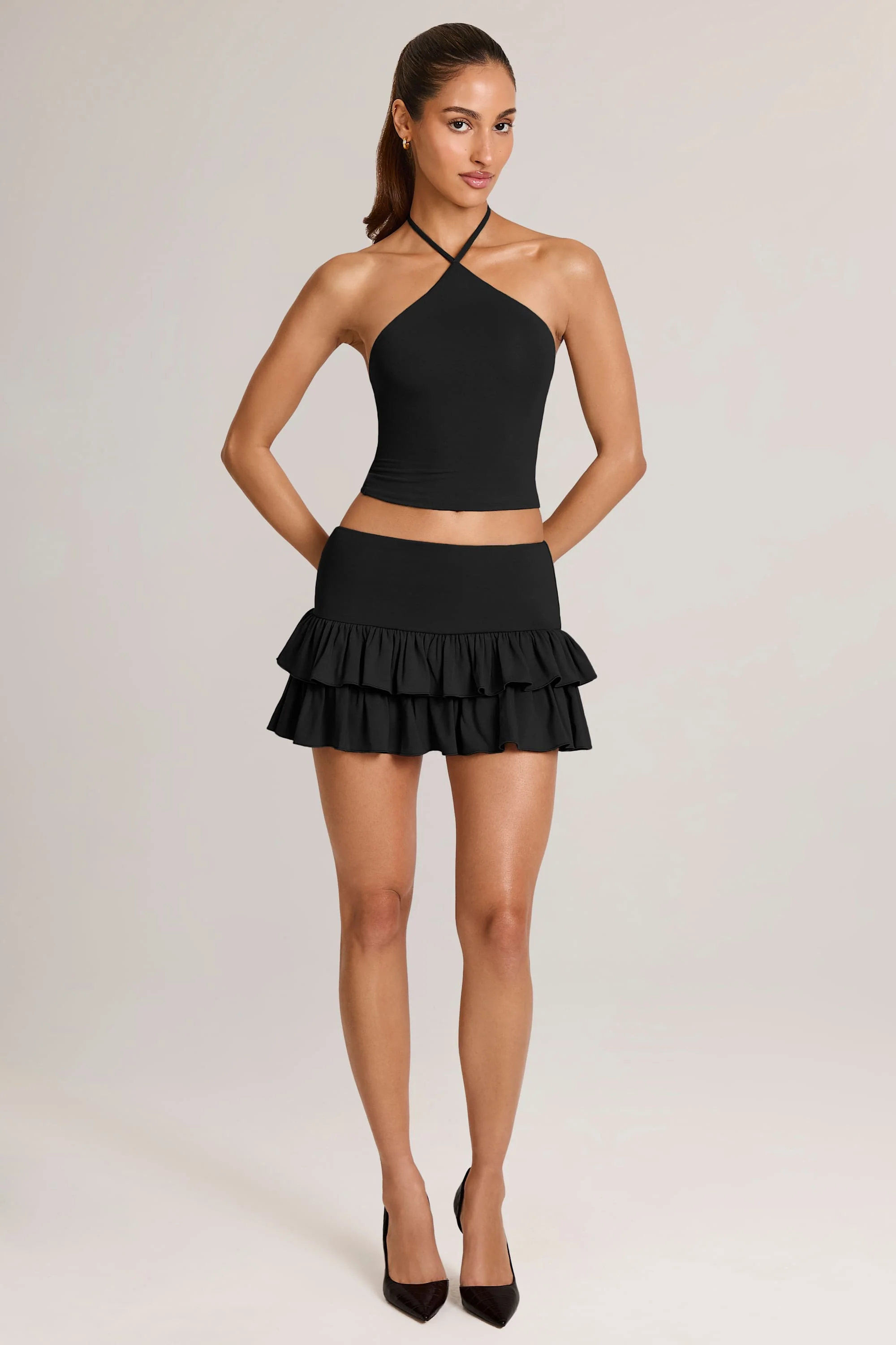 Modal Ruffle Mid-Rise Mini Skort in Black