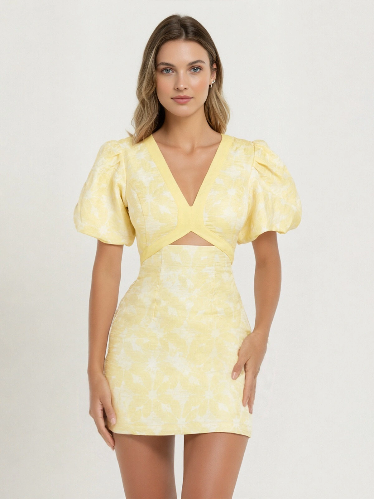 Diana Mini Dress - Jacquard Short Sleeve Cut Out Dress in Lemon