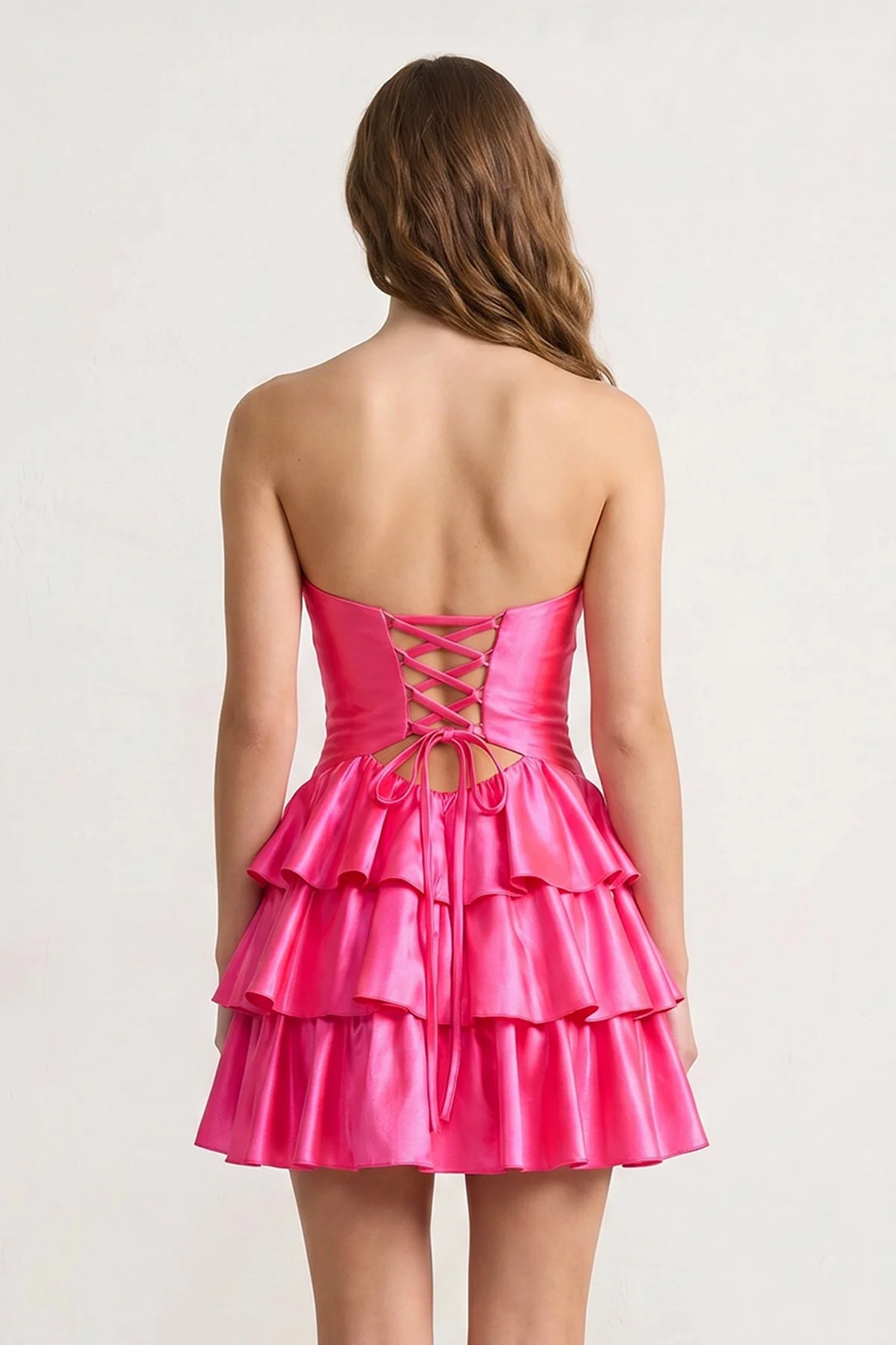 Fuchsia Sweetheart Ruffled A-Line Cut-Out Satin Homecoming Dress