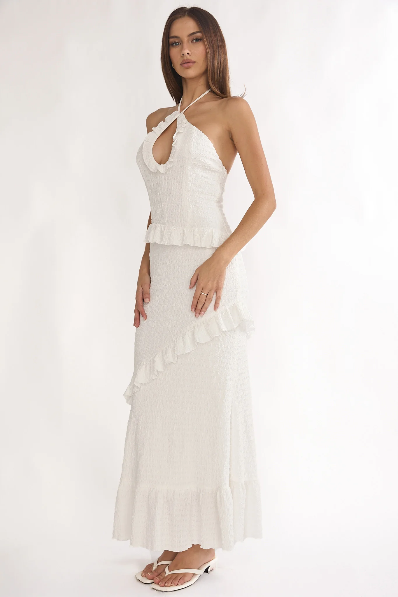 Clemence Smocked Frill Trim Maxi Dress White