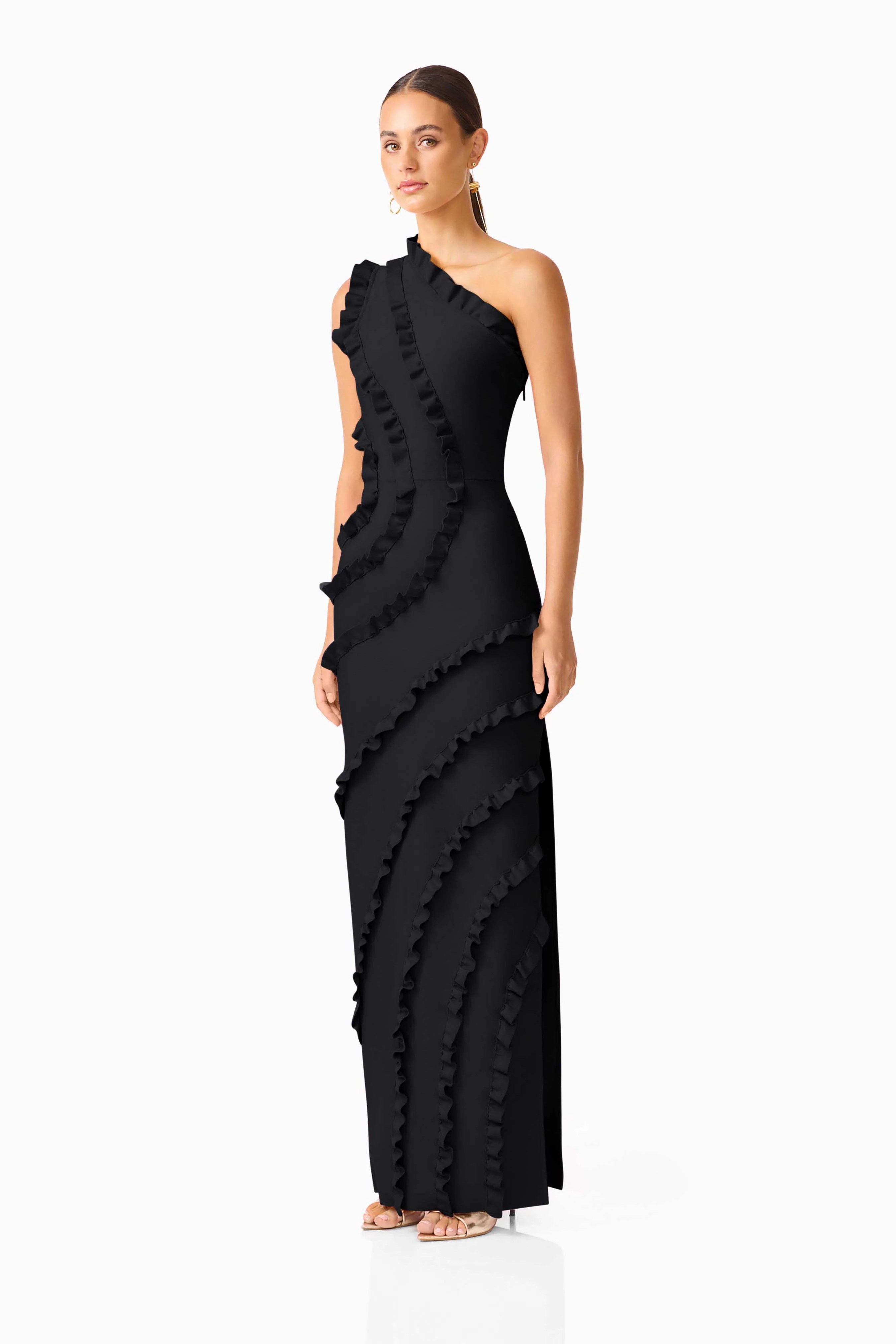 Orelia Asymmetrical Ruffle Gown in Black