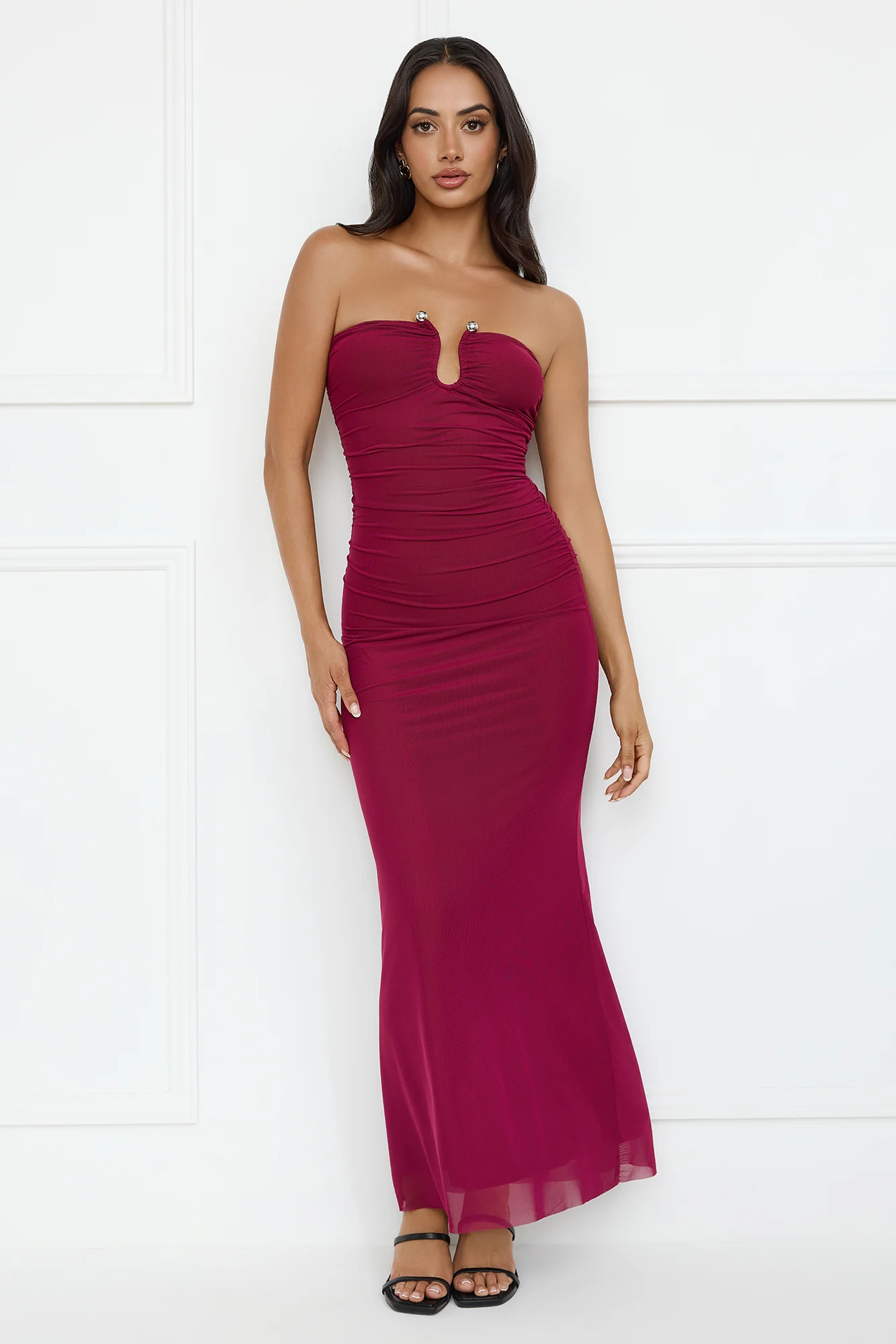 Noir Seduction Strapless Mesh Maxi Dress Burgundy