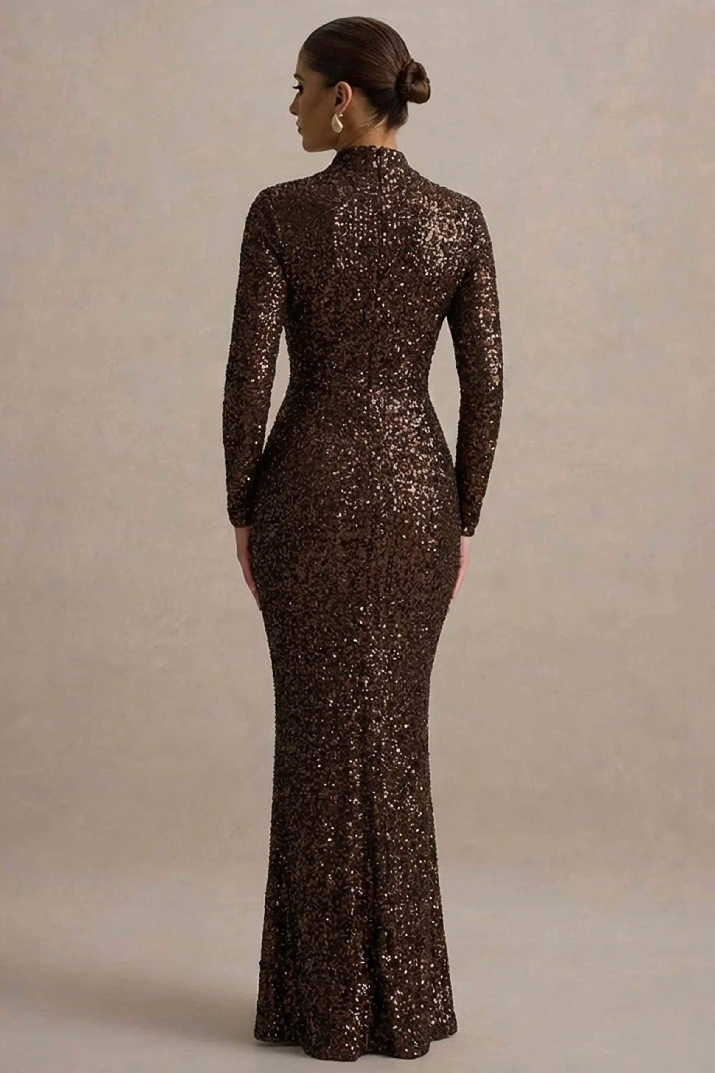Galaxy | Brown Sequin Turtle-Neck Long-Sleeve Maxi Dress