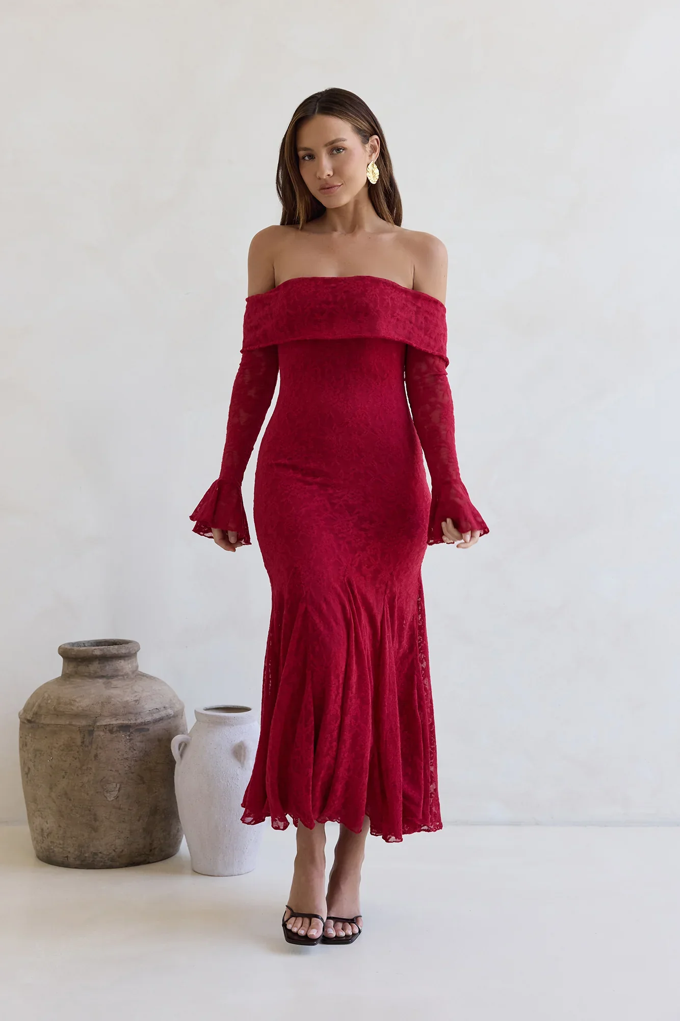 Here For Love Off Shoulder Mesh Maxi Dress Red