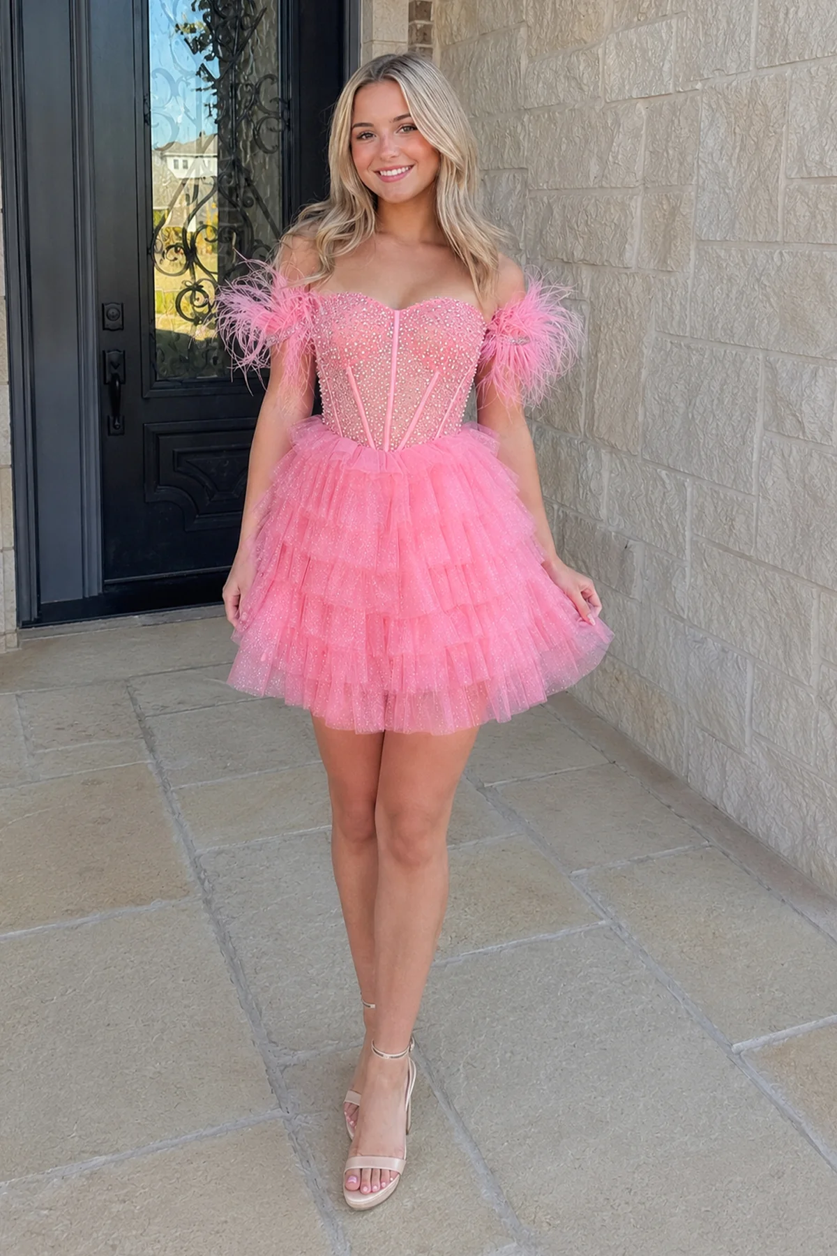 A Line Off the Shoulder Beaded Homecoming Dress with Feathers