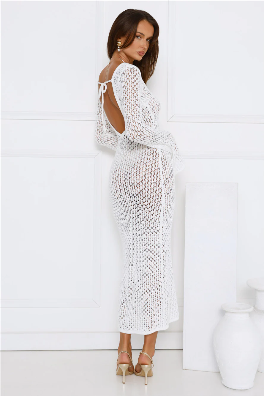 Sailing Into Sunset Knit Long Sleeve Maxi Dress White - luluinthesky