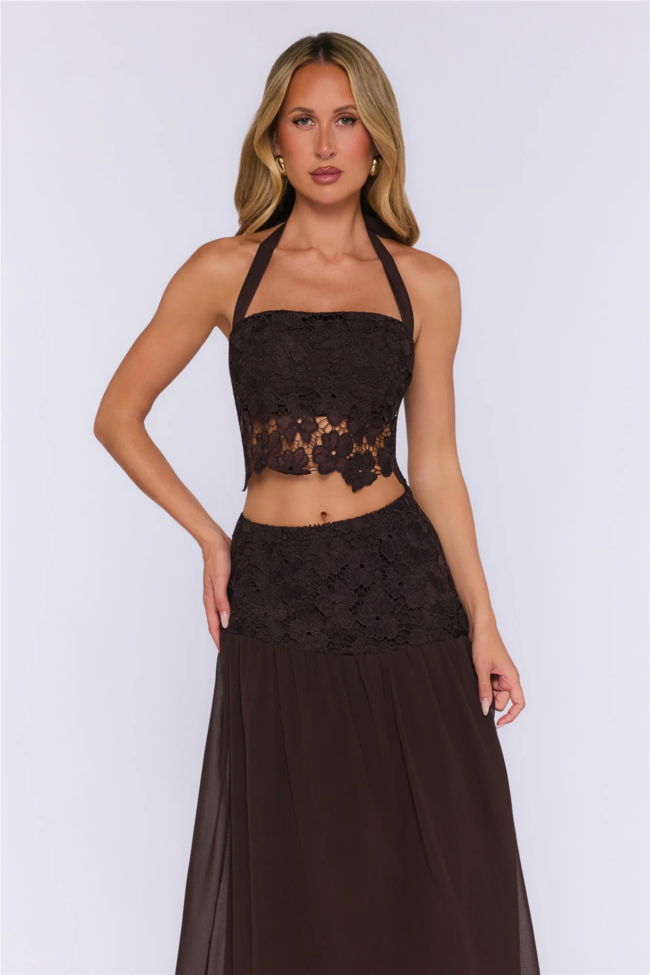 Dream Mood Embroidered Halter Crop Top Brown