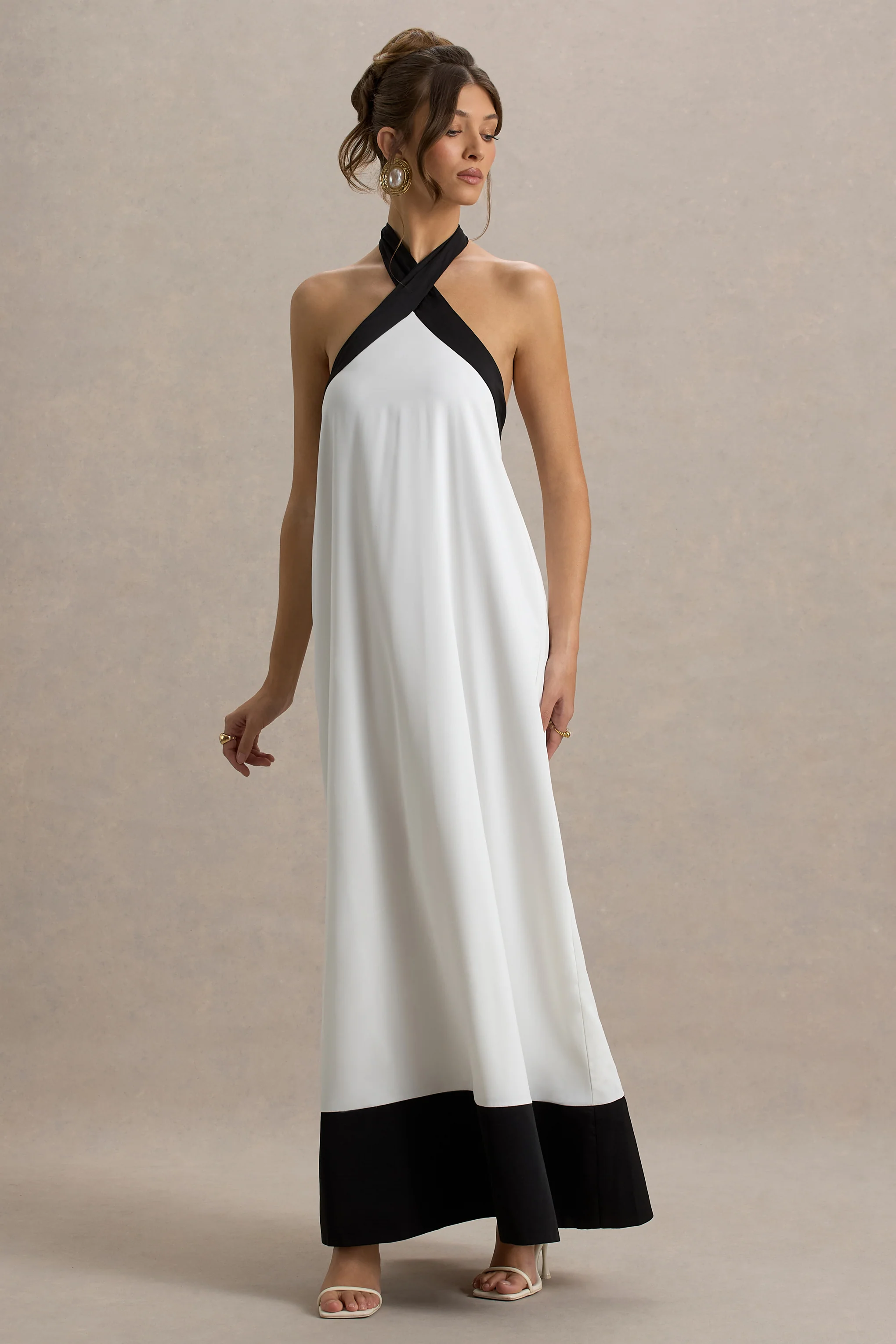 Clarabella | White & Black Halter-Neck Maxi Dress