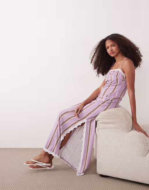 cami square neck midi dress with lace trim and side slit in striped print
