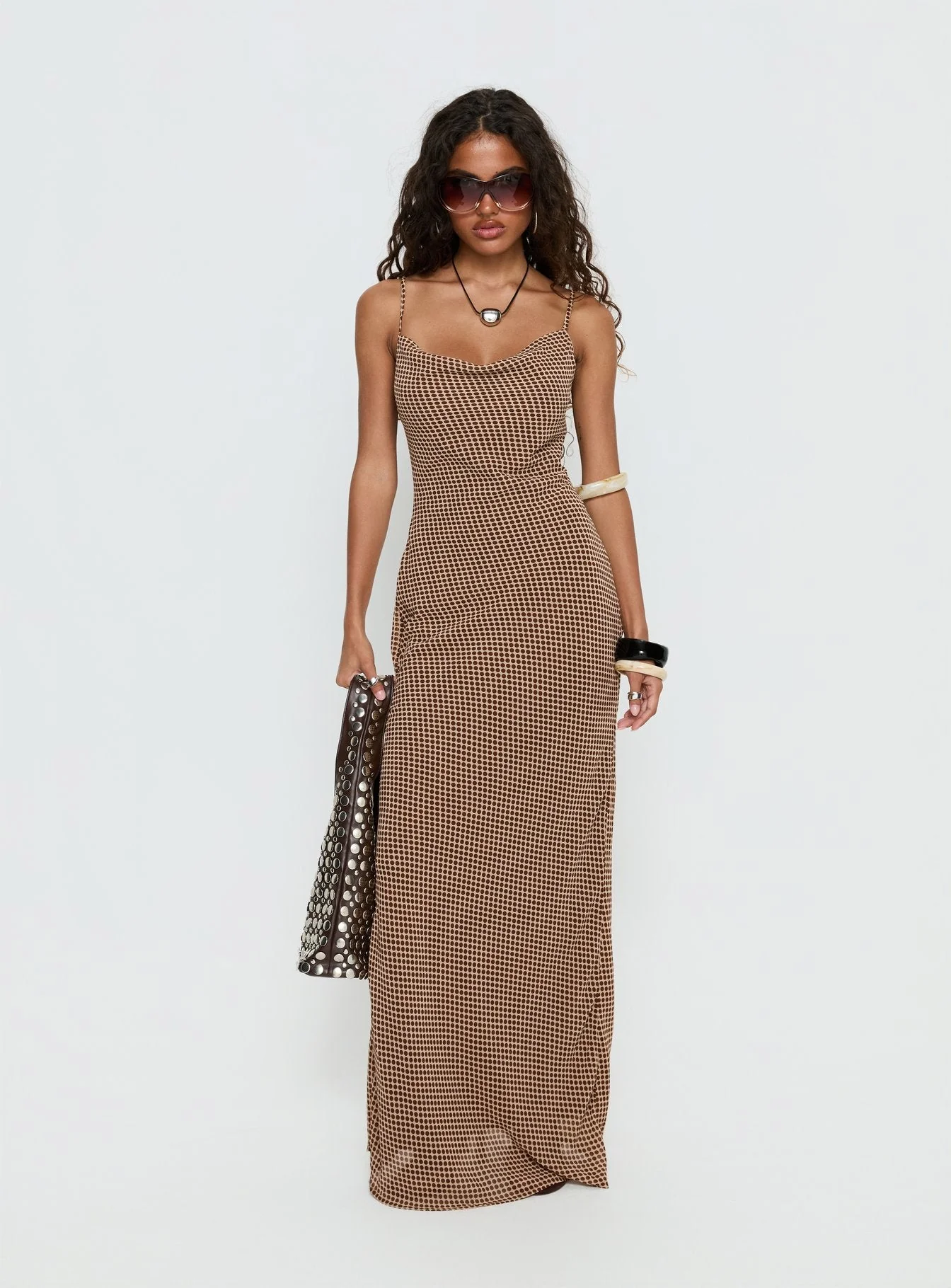 Aliah Cowl Neck Maxi Dress Brown Polka Dot