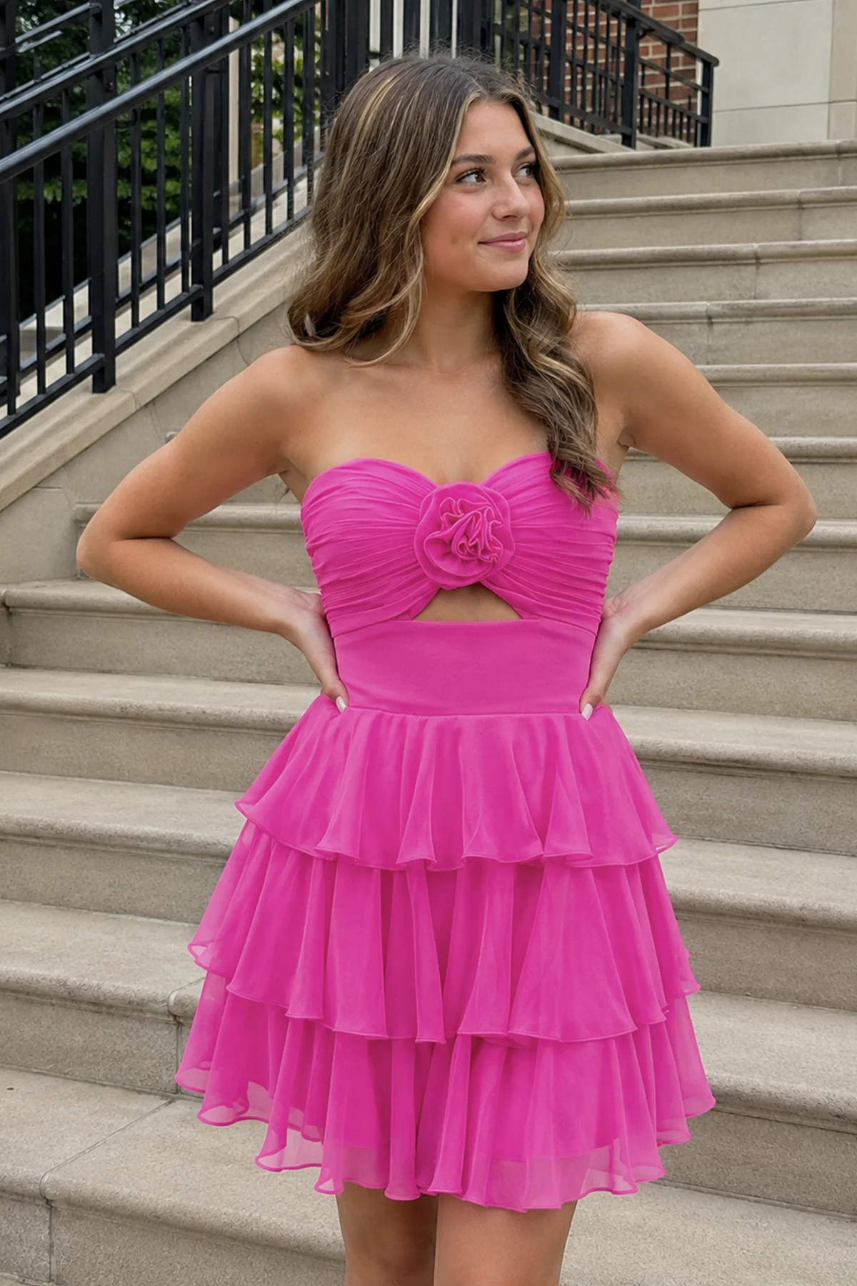 Fuchsia Strapless A Line Chiffon Ruffles Homecoming Dresses With Flower
