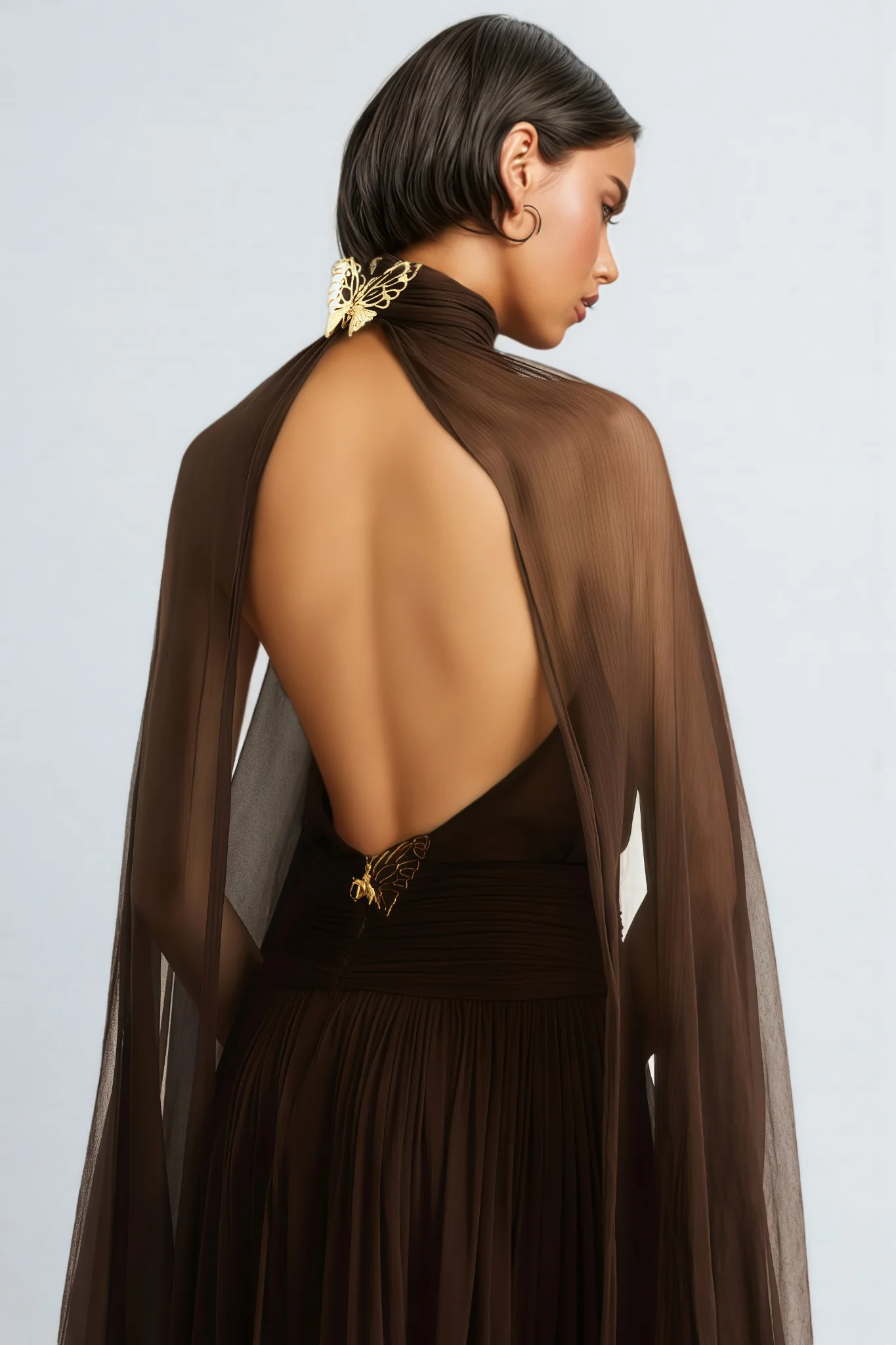 Hiram Mesh High-Neck Bow Maxi Dress