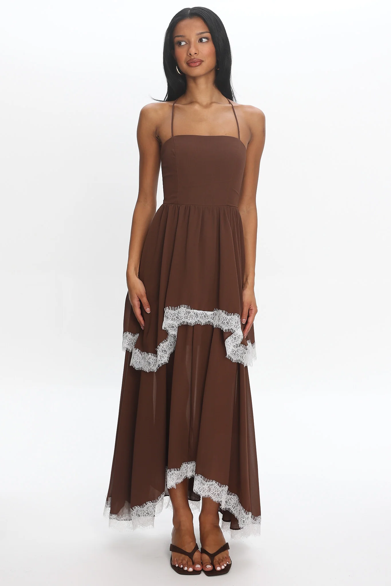 Sunrise on Sunset Lace Trim Maxi Dress Chocolate - luluinthesky