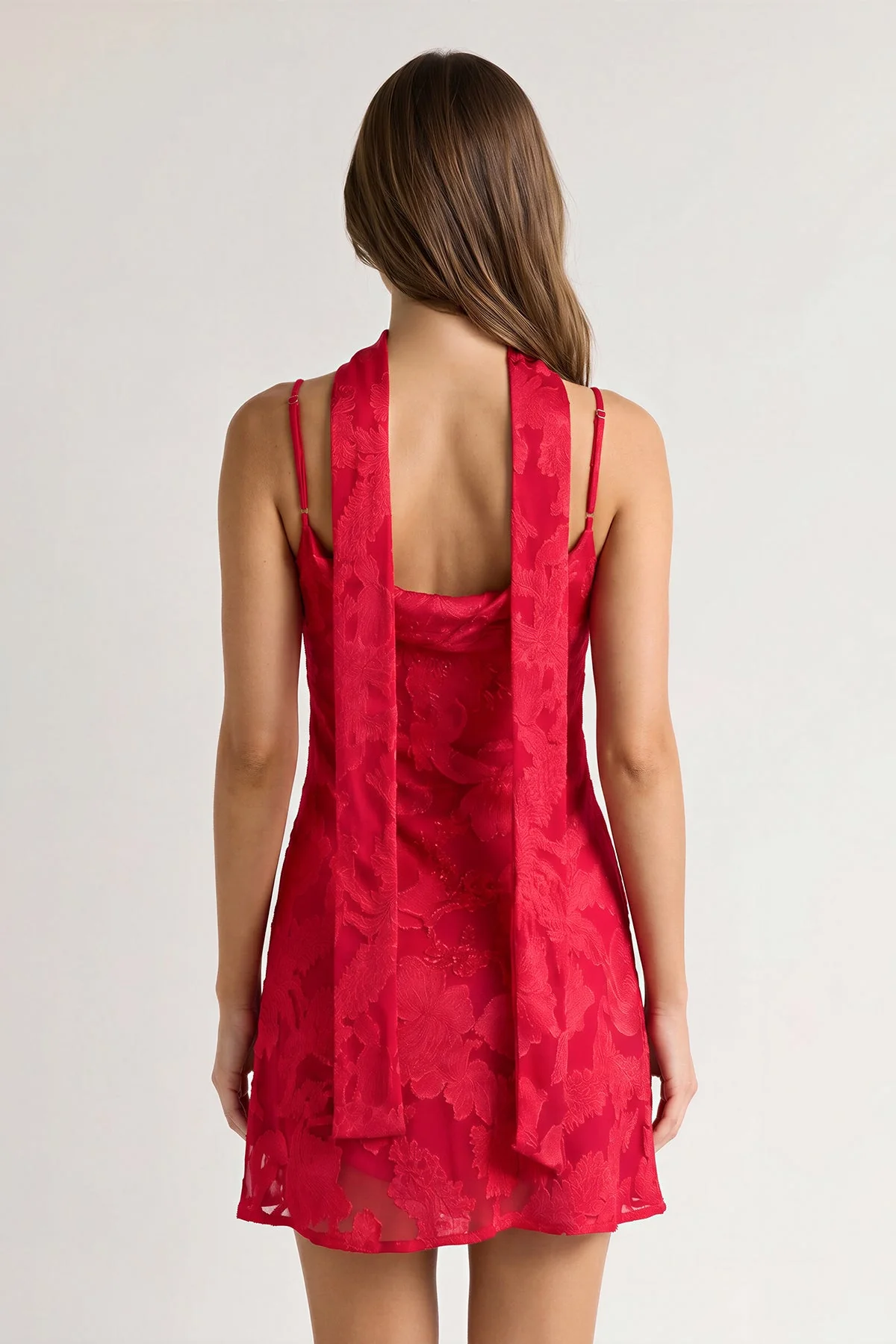 Red Jacquard Chiffon Cami Straps Sheath Homecoming Dress with Scarf