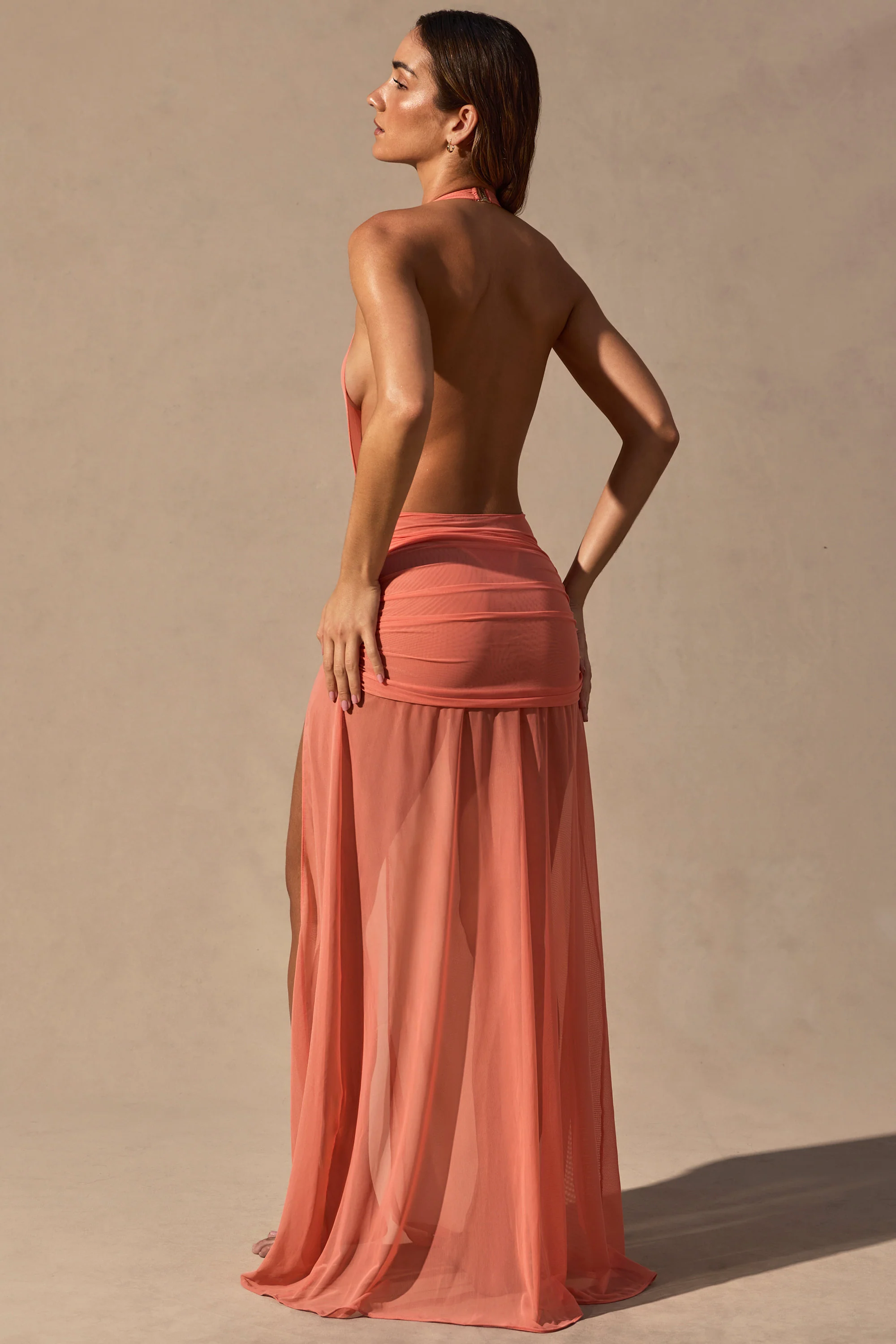 Cowl-Neck Plunge Maxi Dress in Coral