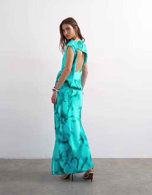 Topshop satin grown on neck tuck side maxi dress with open back in aqua floral