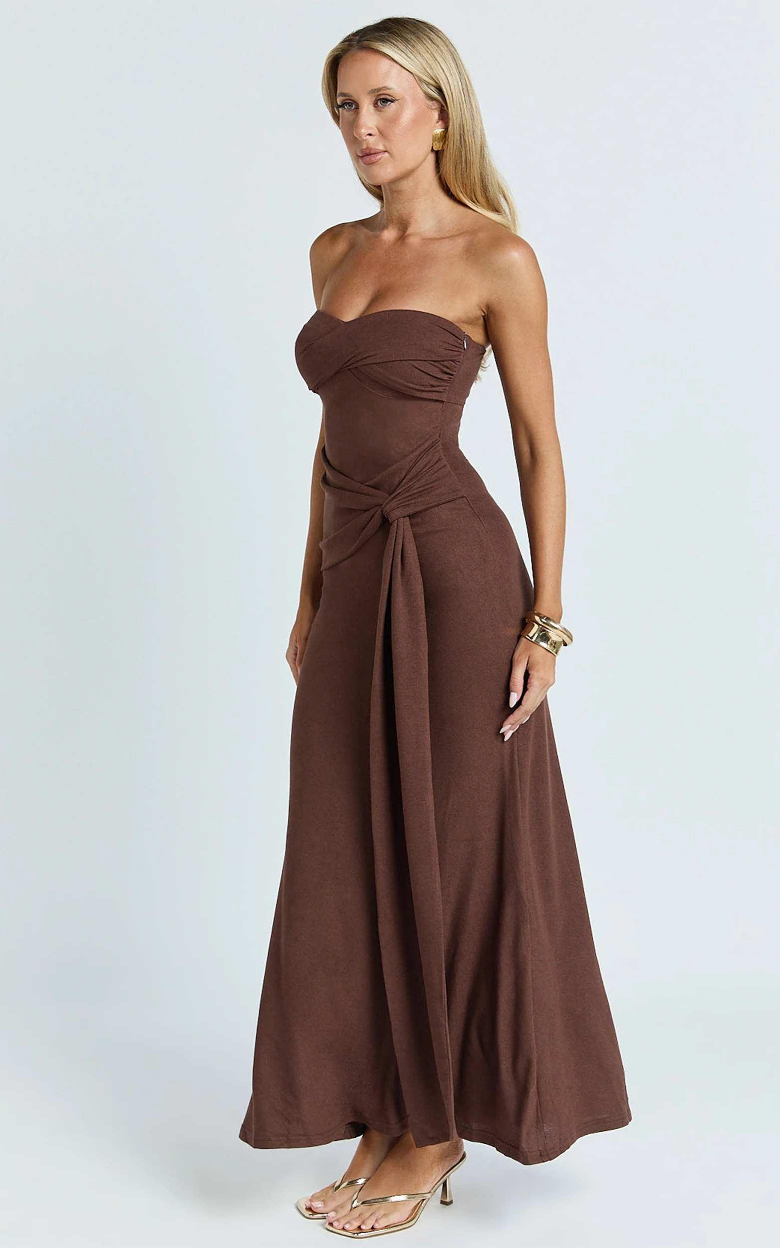 Aria Midi Dress - Strapless Tie Waist Dress in Chocolate