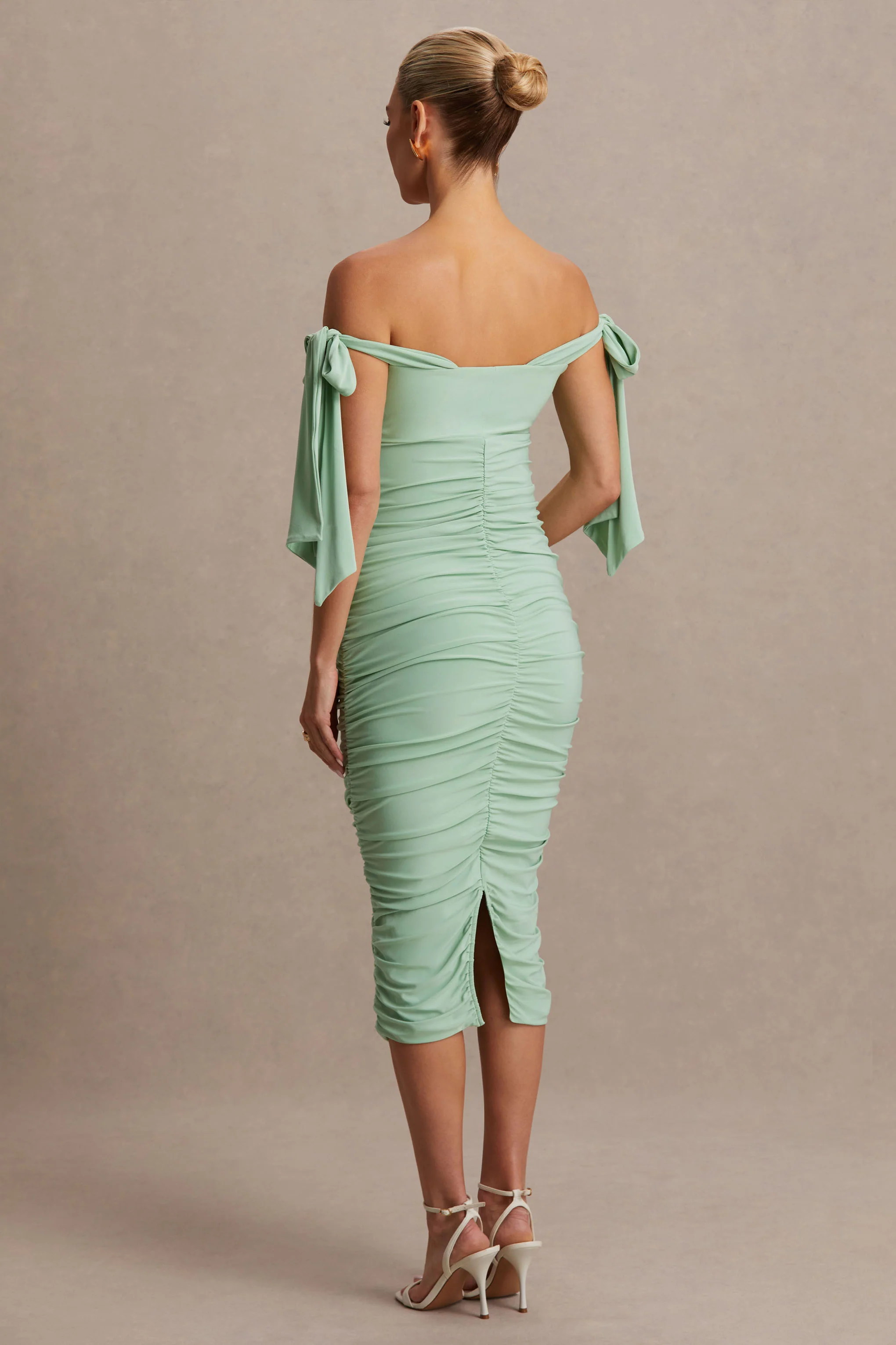 Chandelier | Light Green Bardot Maternity Midi Dress With Bow Details