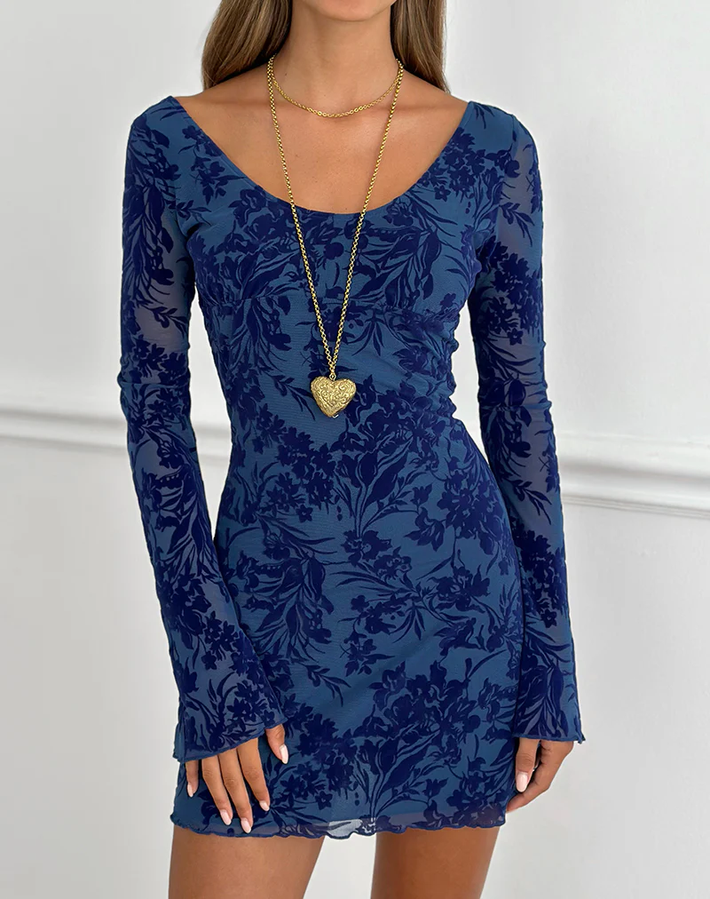 Bindara Mini Dress in Navy with Midnight Leaf Flock