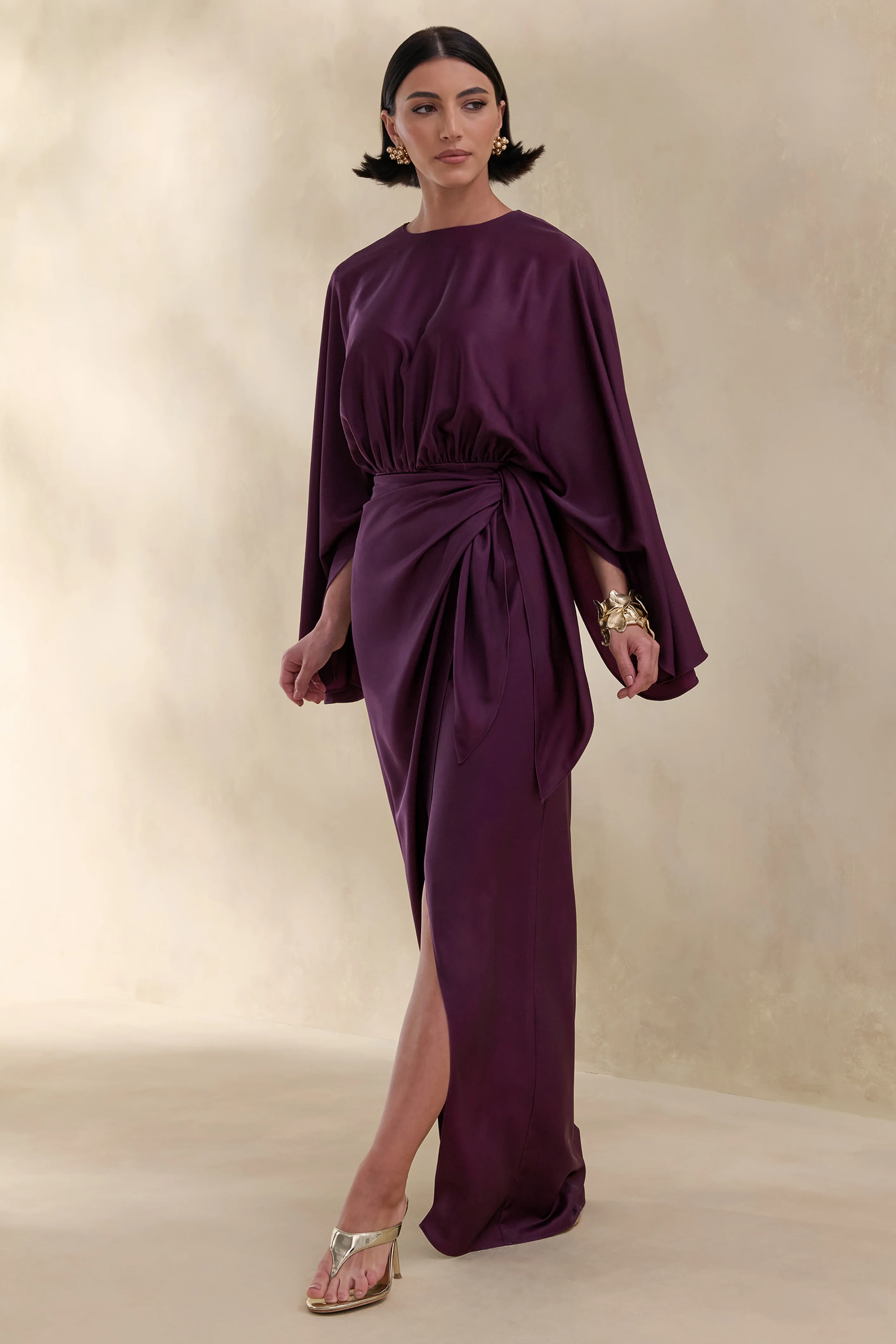 Delphina | Plum Satin Maxi Dress With Gathered And Knot-Detail