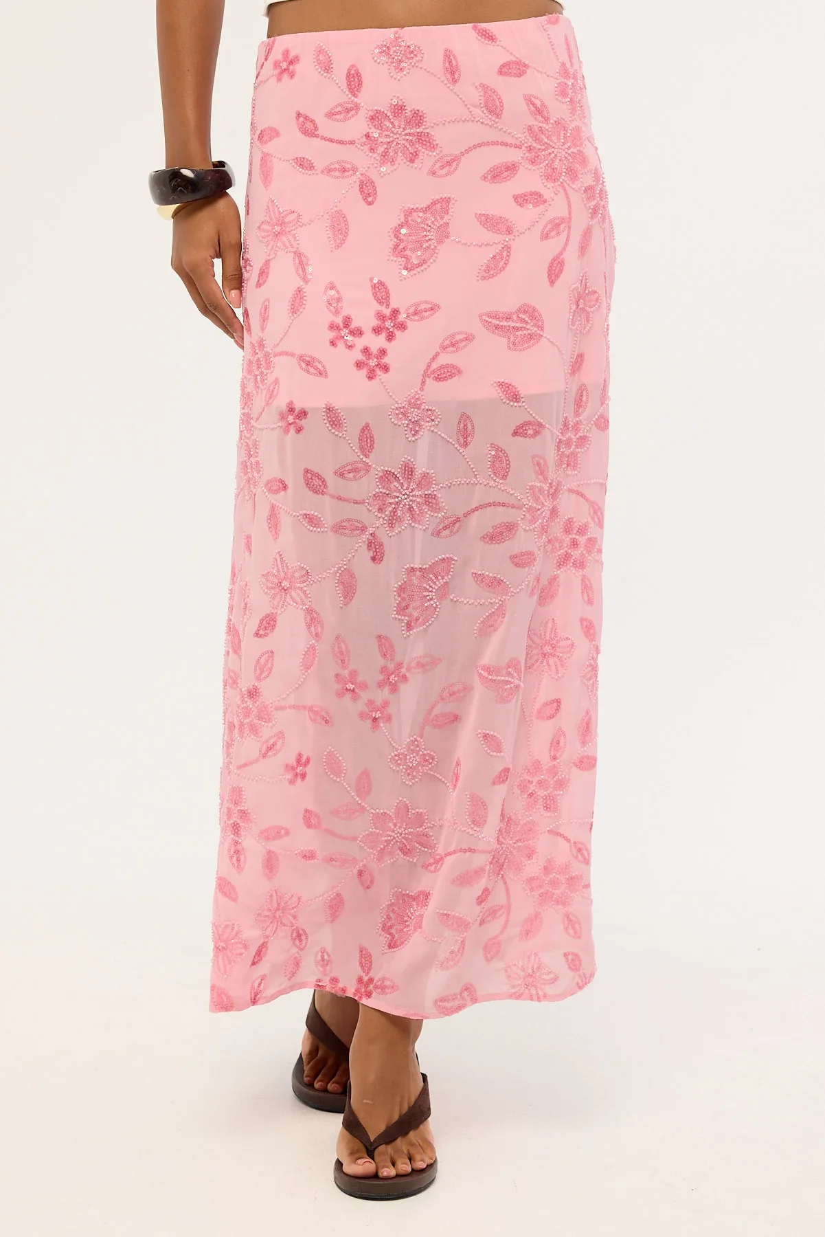 Luck & Trouble Adelyn Beaded Sequin Maxi Skirt Pink