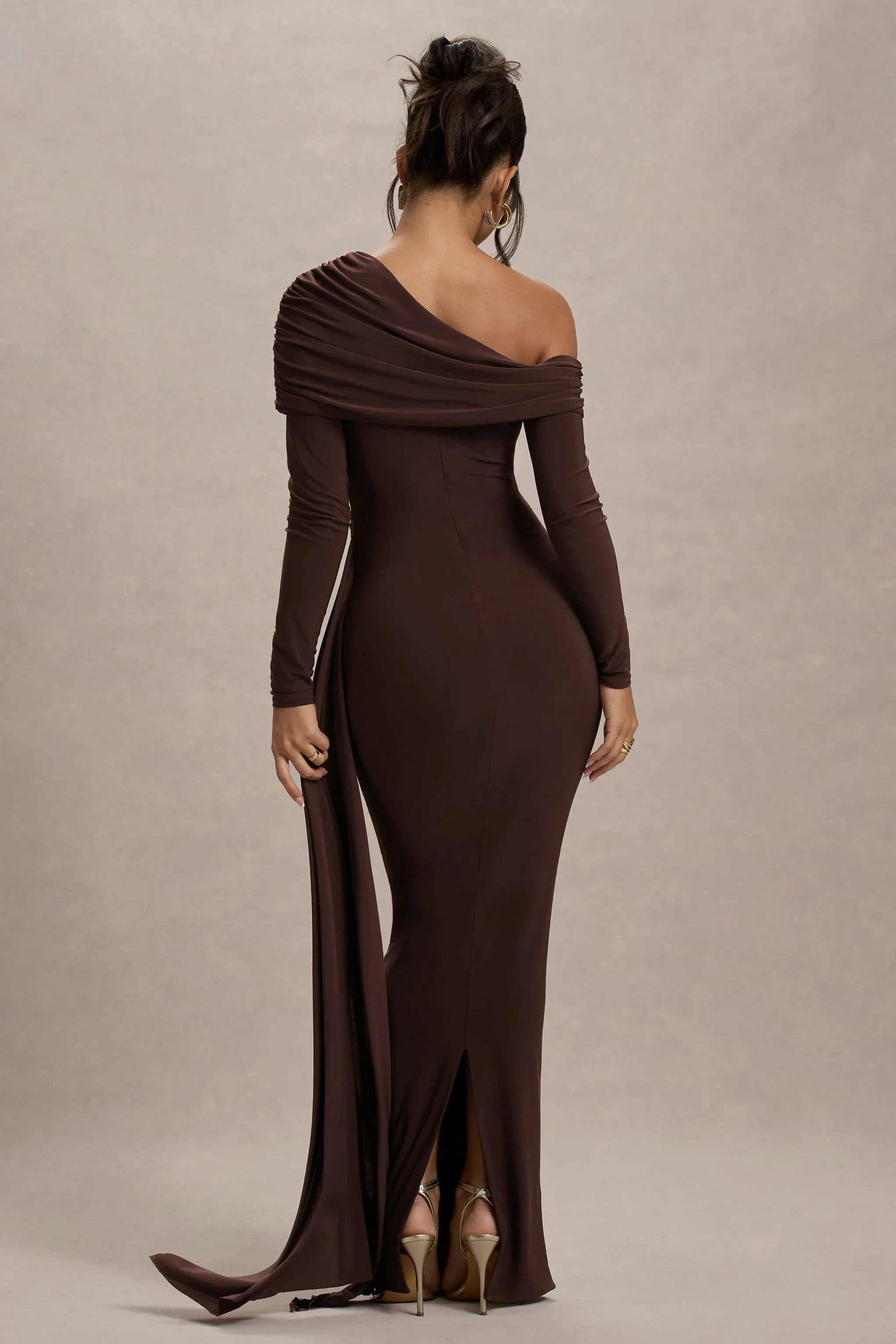 Valina | Brown Ruched Asymmetric Maxi Dress With Drape