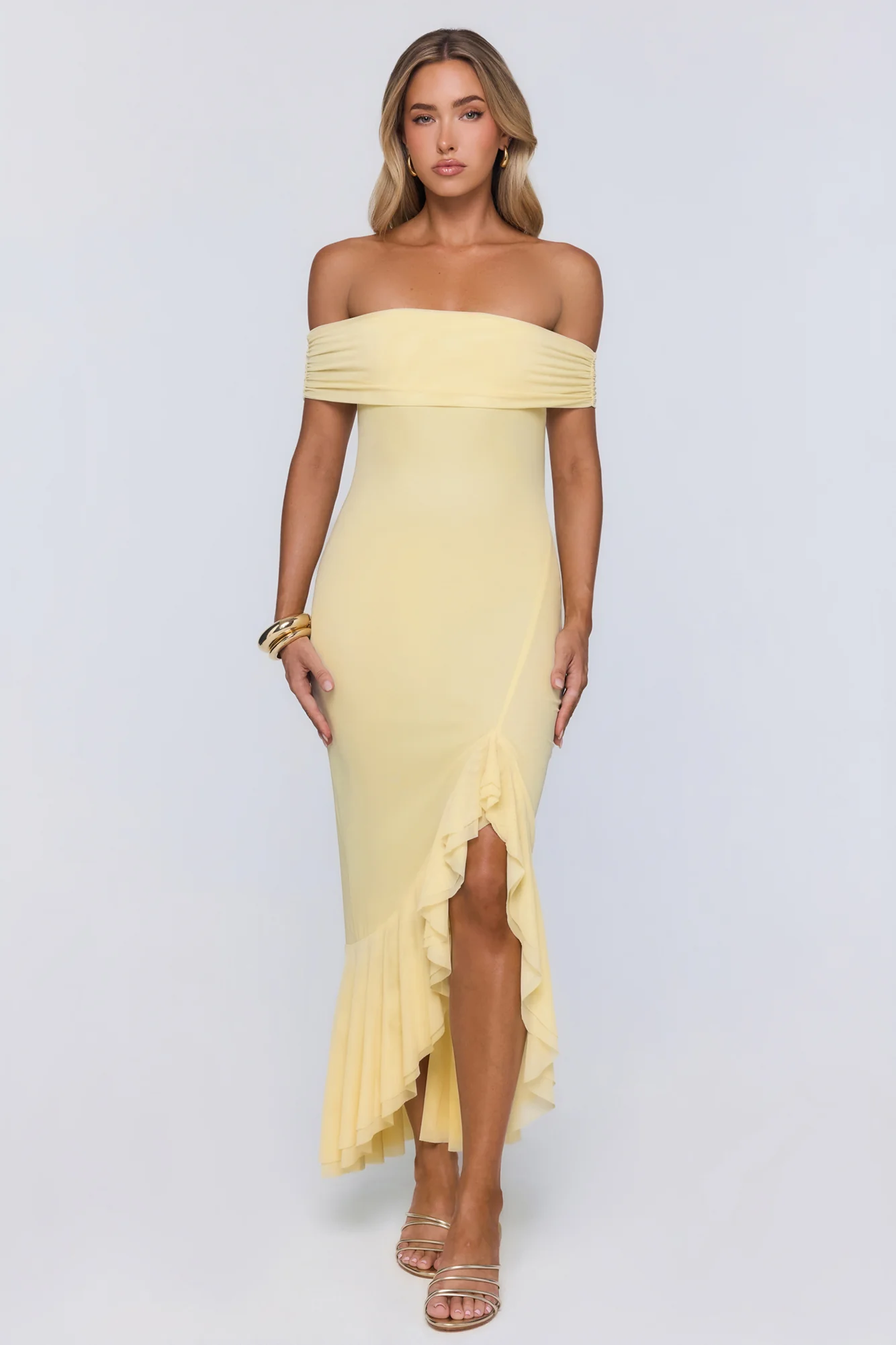 Daily Glow Off Shoulder Mesh Midi Dress Yellow