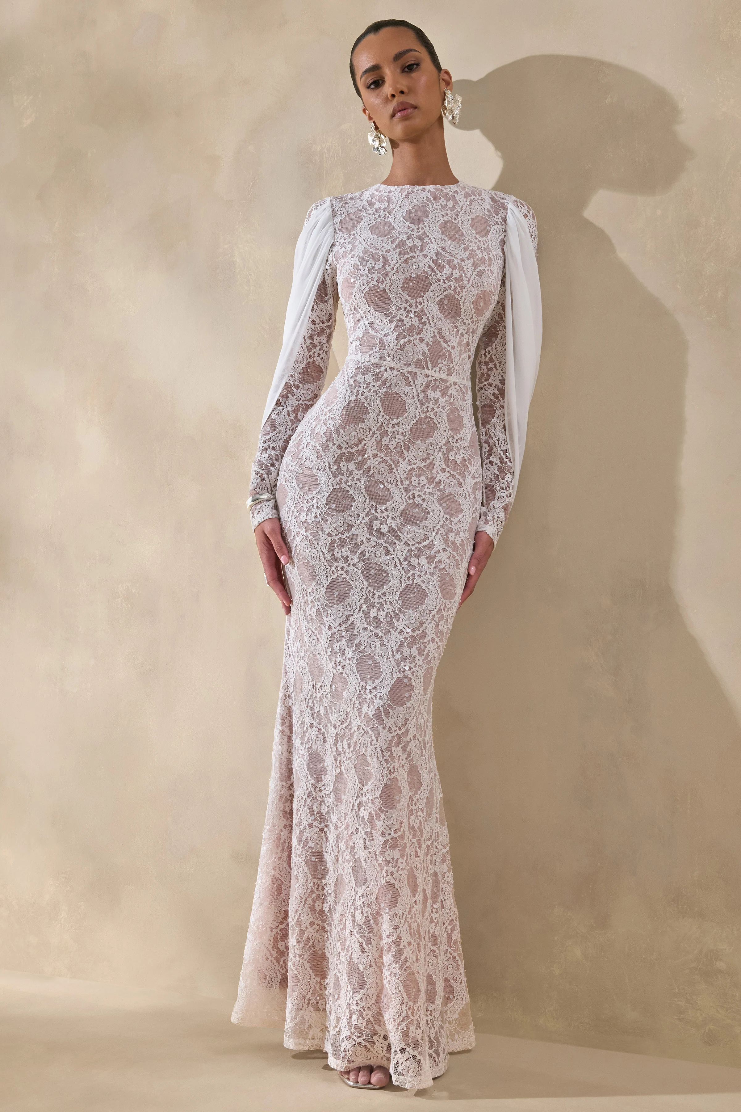 Nabina | White Lace Crew-Neck Maxi Dress With Draped Back-Detail