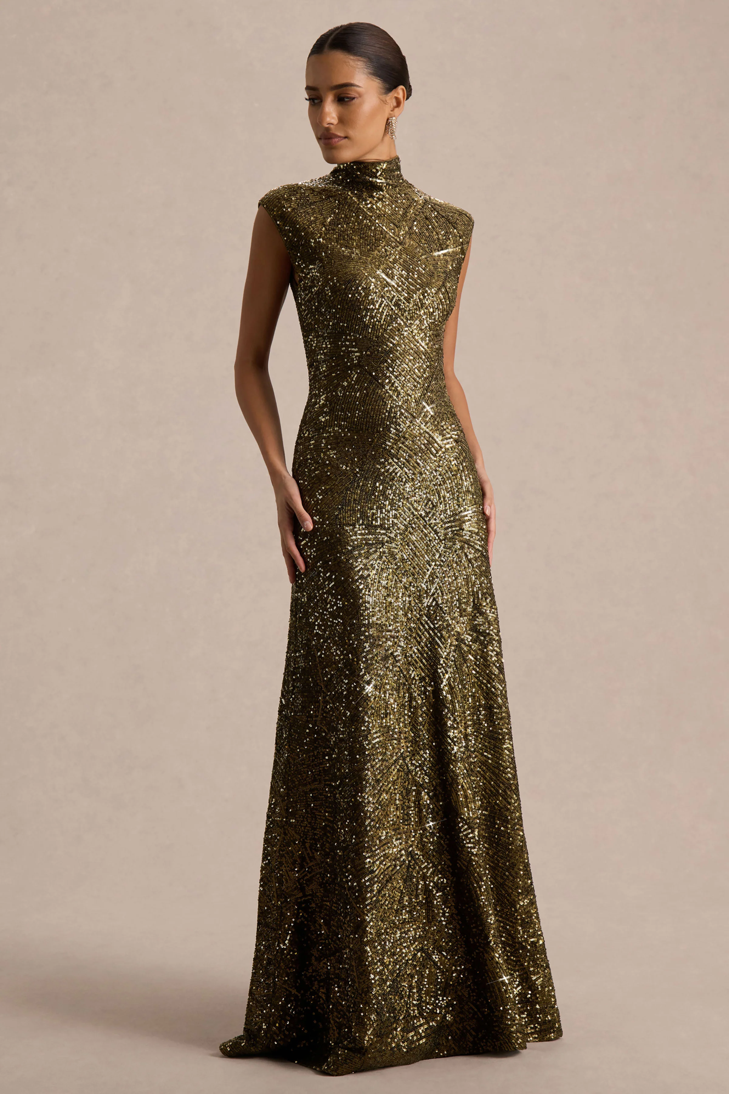 Cecy | Khaki Sequin High-Neck Maxi Dress With Cap Sleeves