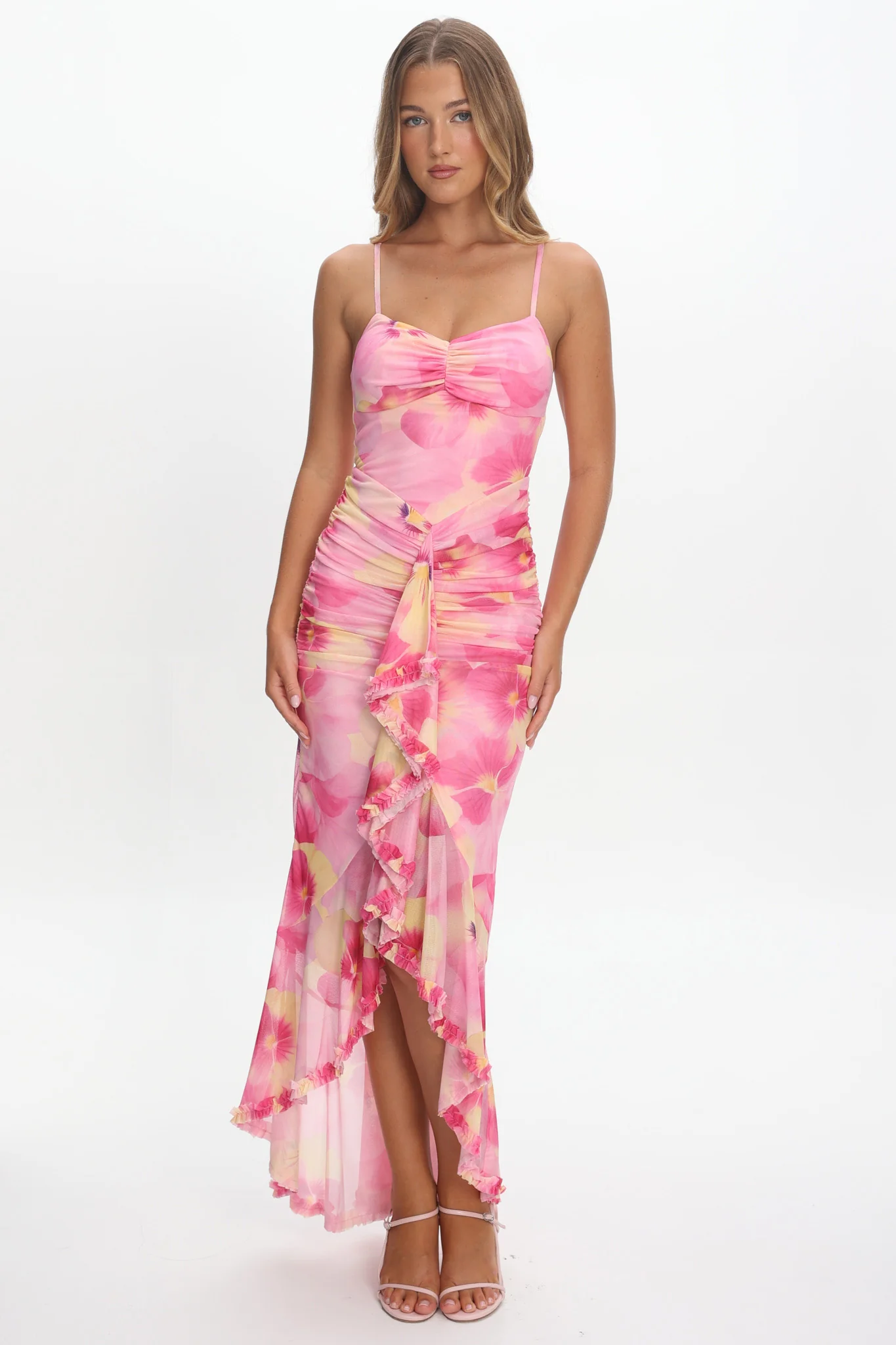 Kamilah Ruched Waist Ruffle Maxi Dress Print Pink