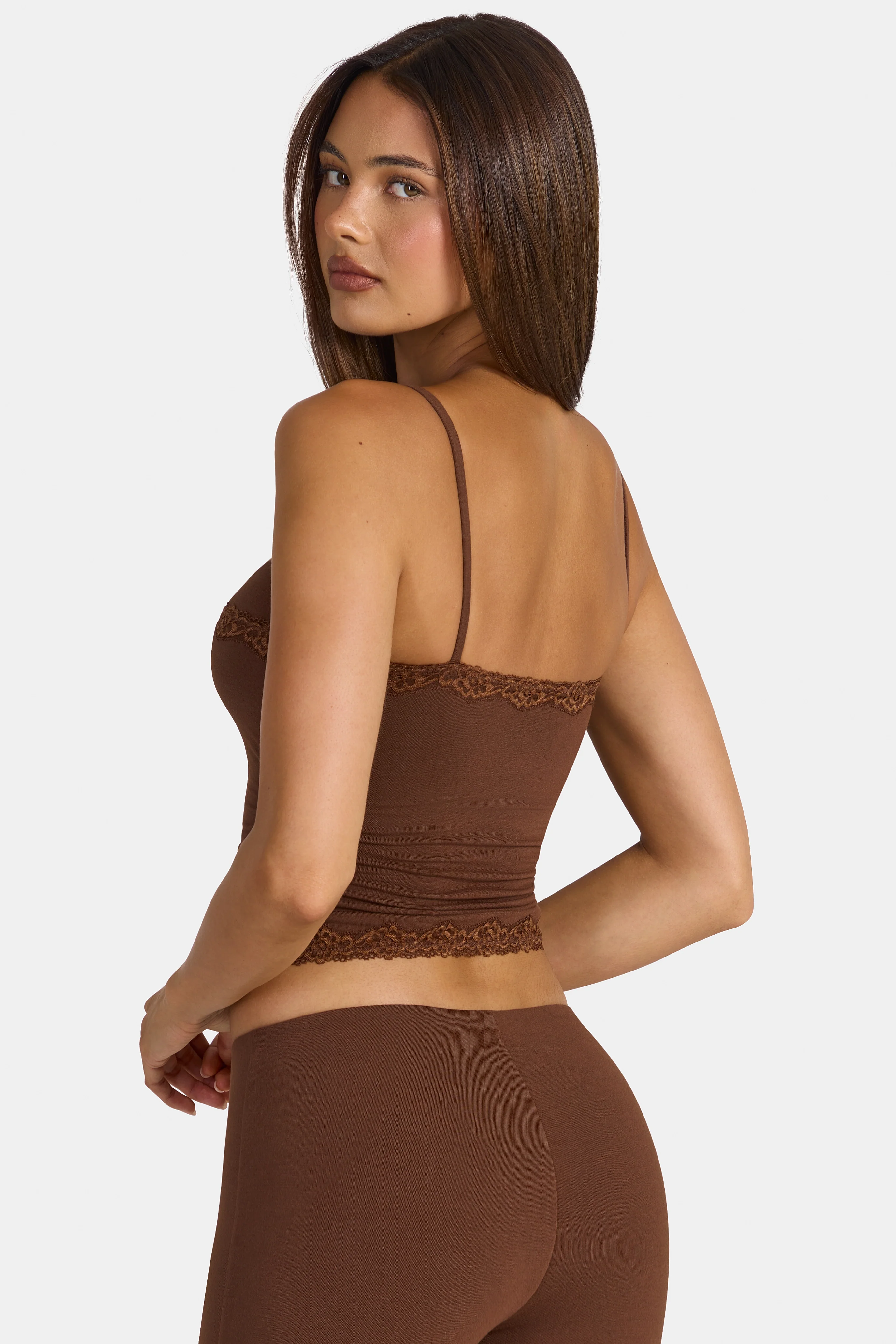 Modal Lace-Trim Peekaboo Tank Top in Cocoa Brown
