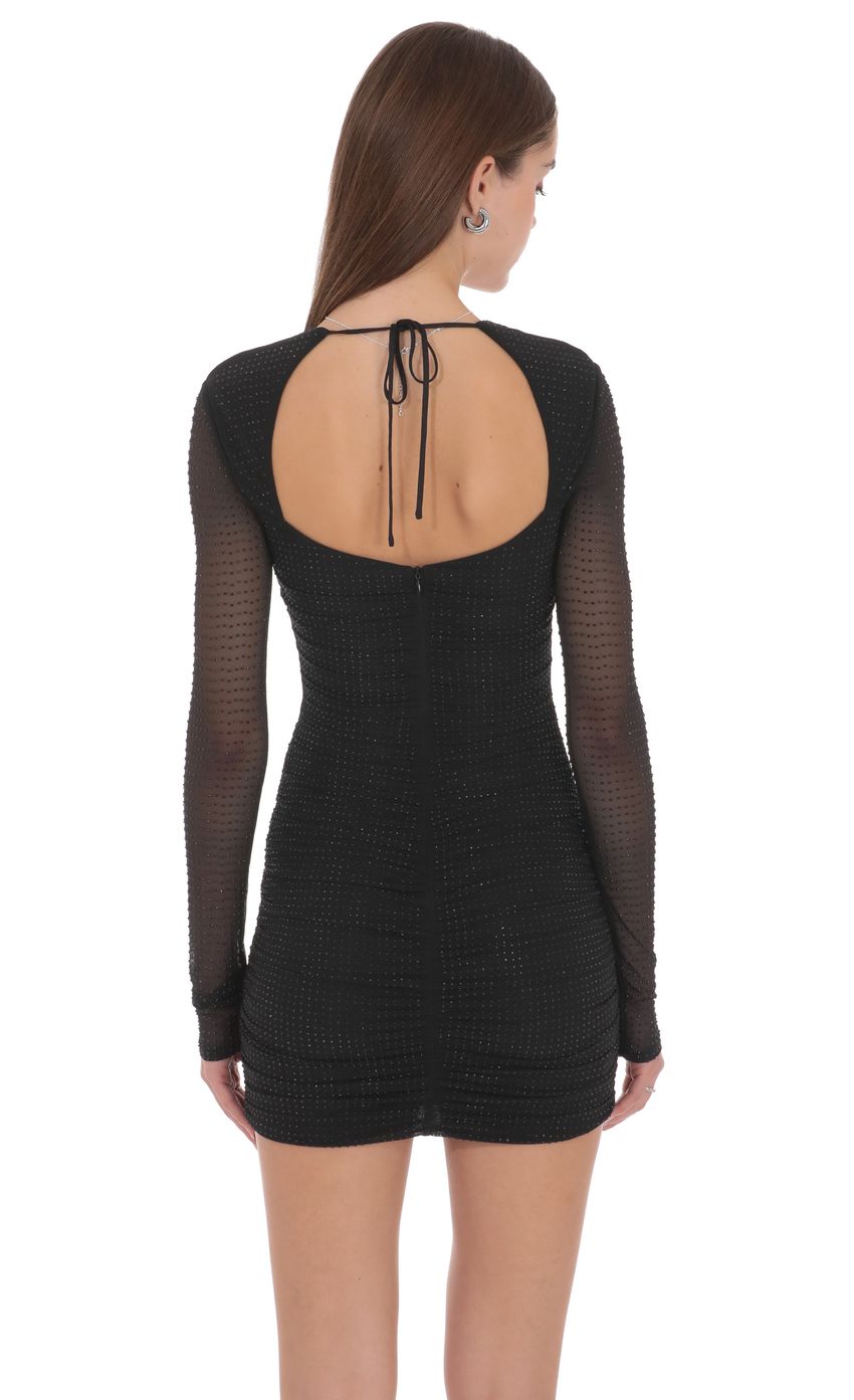 Rhinestone Mesh Long Sleeve Mini Dress in Black