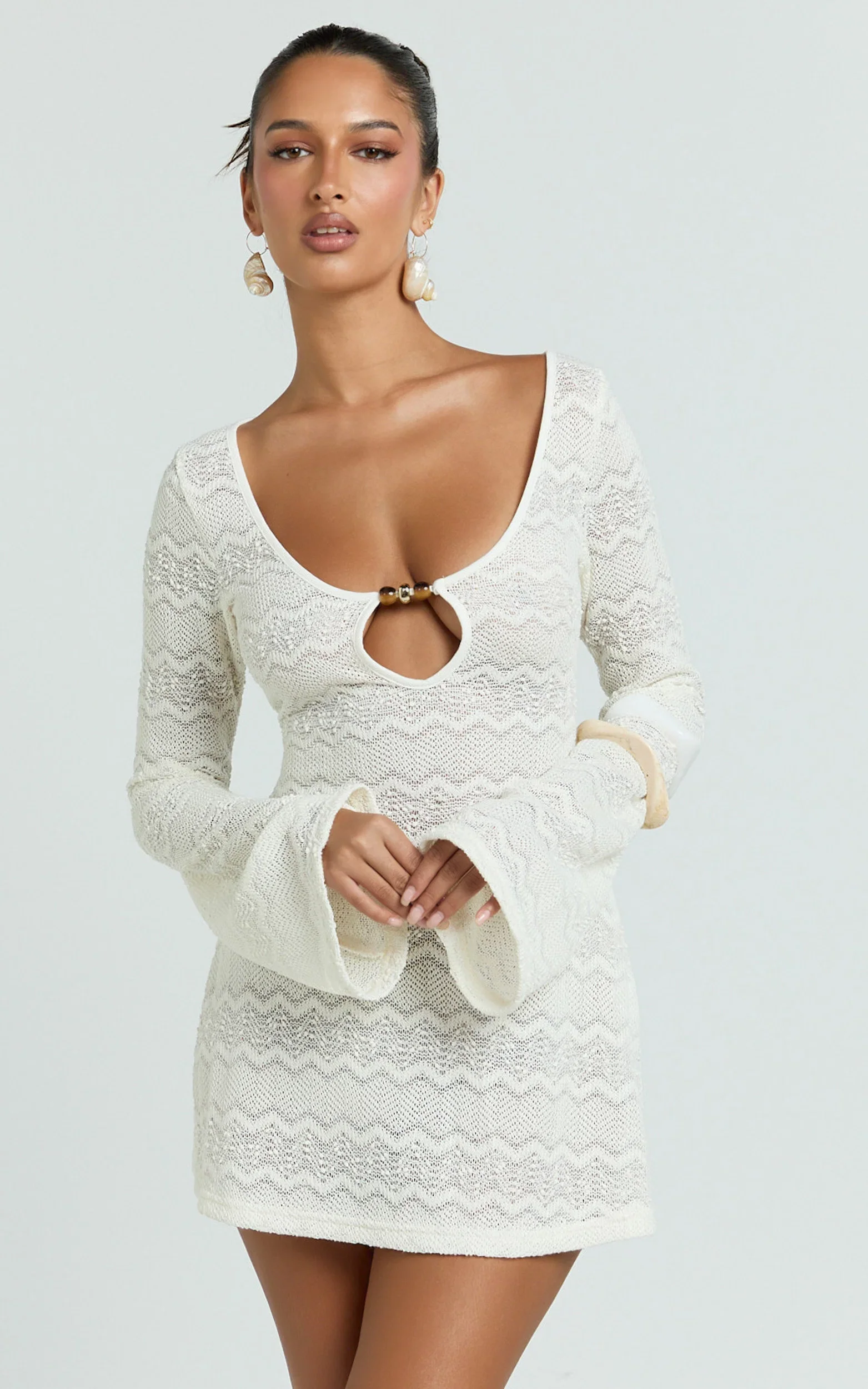 Bonnie Mini Dress - Beaded Keyhole Neckline Long Sleeve Dress in Ivory