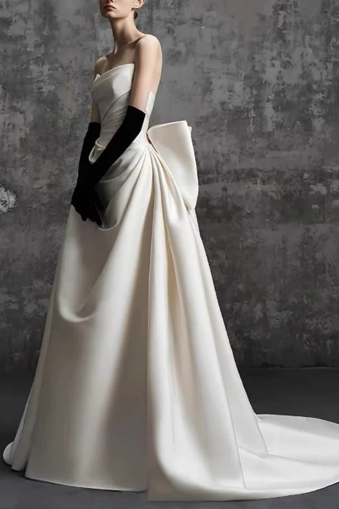A-Line Sweep-Brush Train Satin Wedding Dress 814546469493