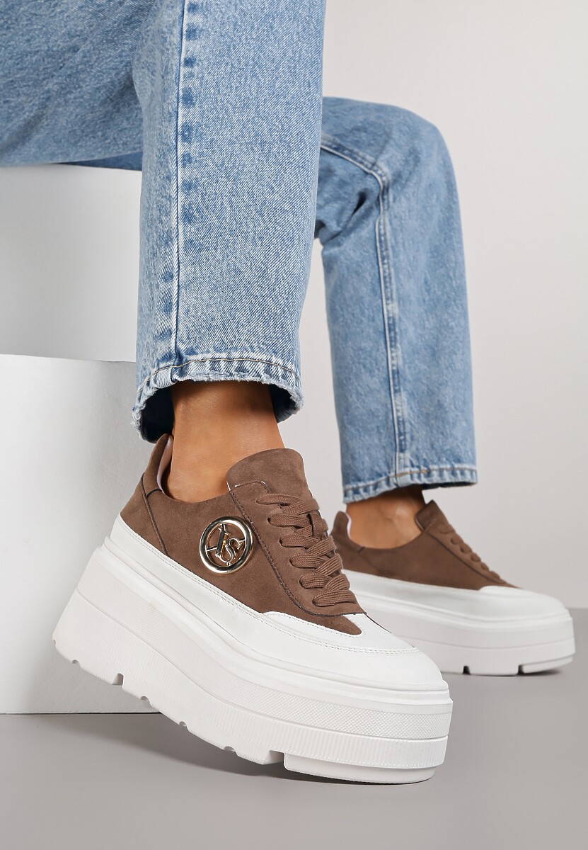Brązowo-Białe Chunky Sneakersy Vices na Platformie z Okrągłym Detalem Sedvira