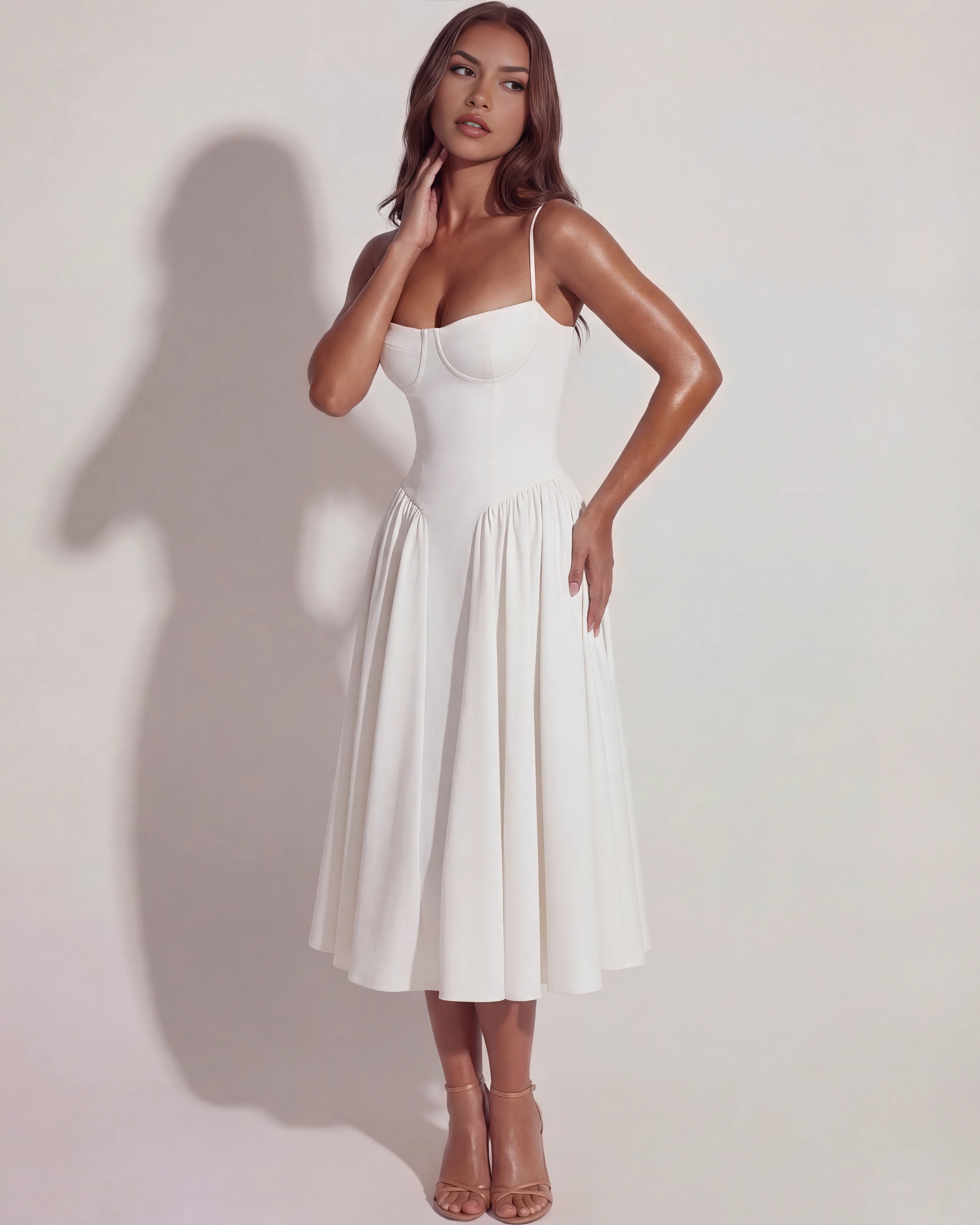 White Midi Dress with Sweetheart Neckline and Hidden Pockets