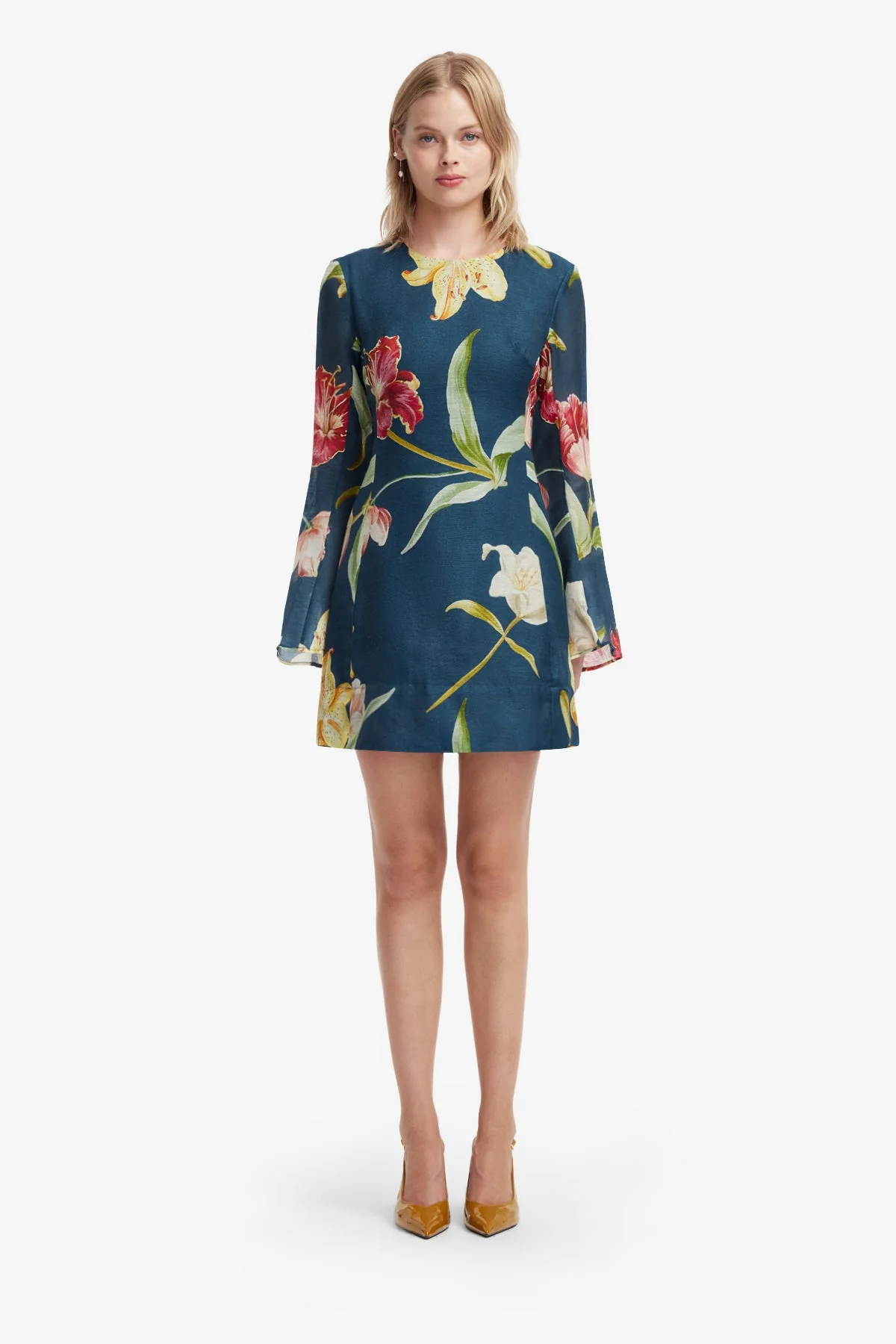 Suzanne Bell Sleeve Mini Dress - Lily Print in Indigo