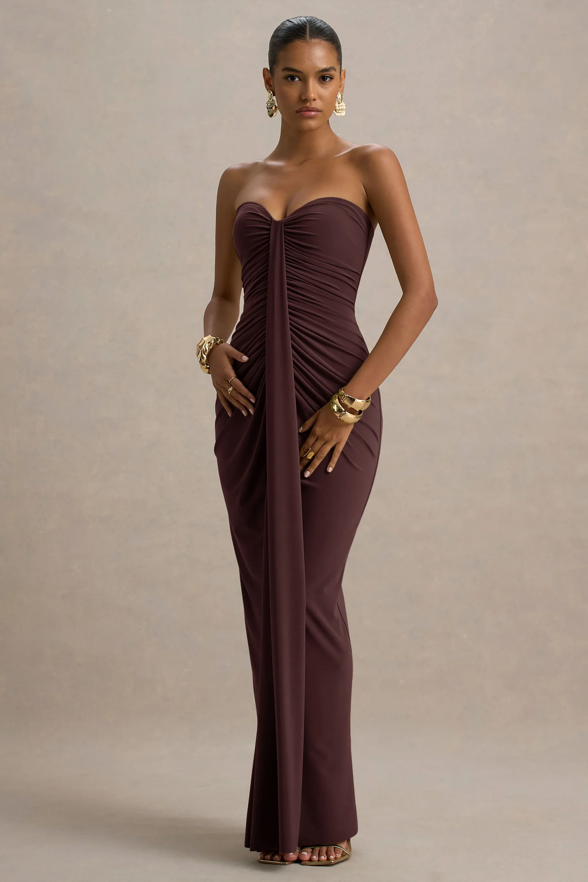 Ali | Warm Brown Sweetheart Ruched Wrap Maxi Dress